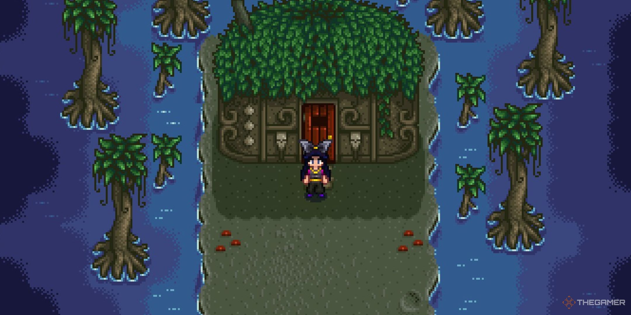 stardew valley player standing in front of witchs hut