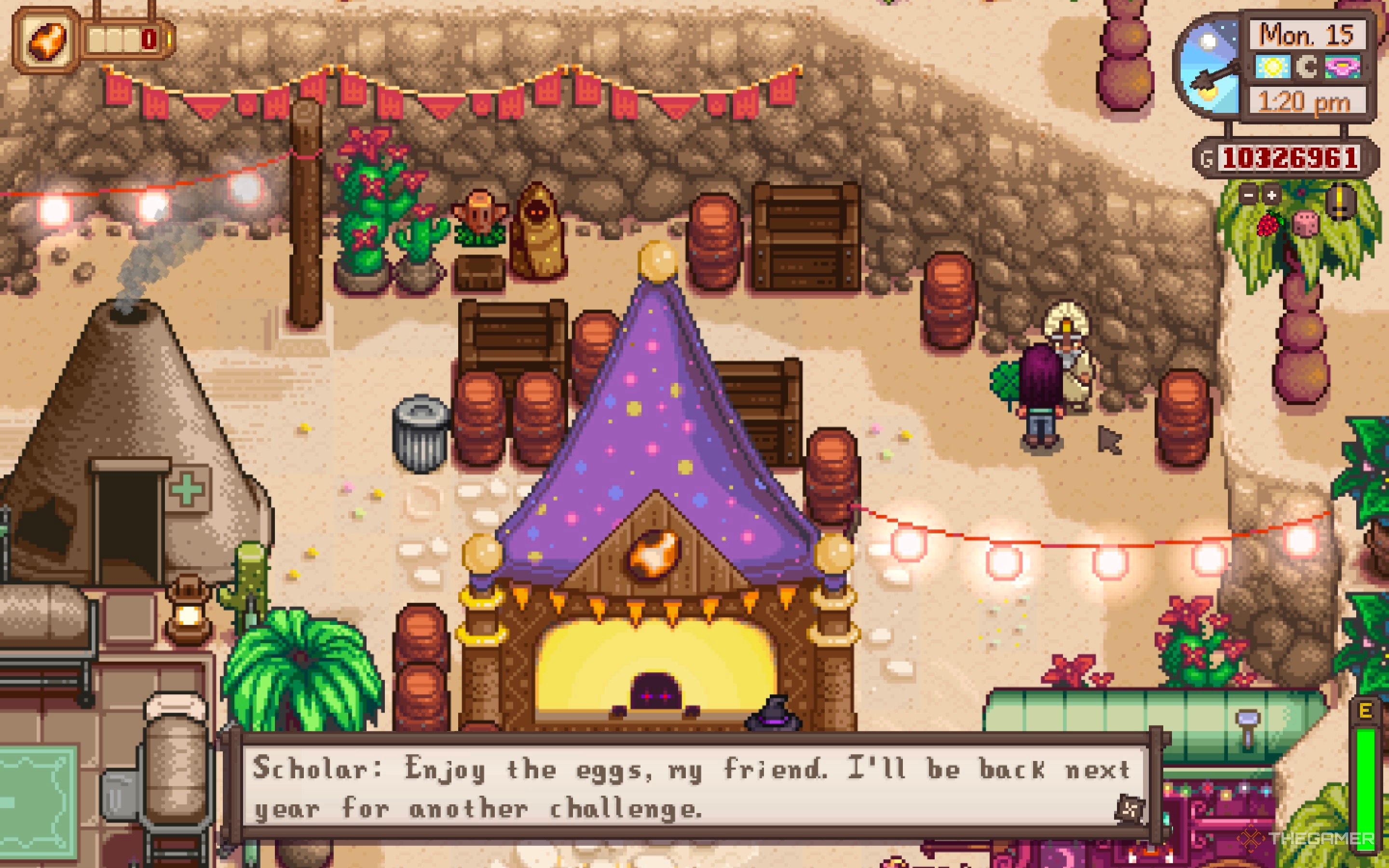 Stardew Valley scholar telling farmer to enjoy their calico eggs for beating the quiz