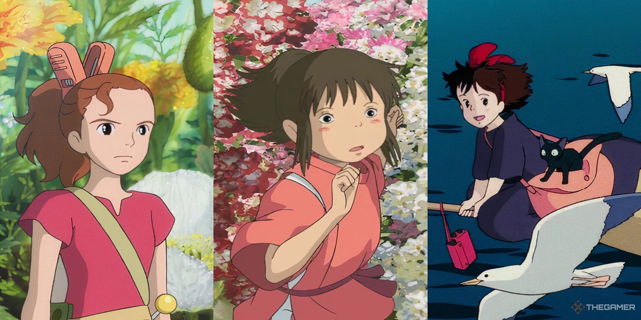 3 Studio Ghibli main characters; Arrietty, Chihiro, and Kiki in a collage format.