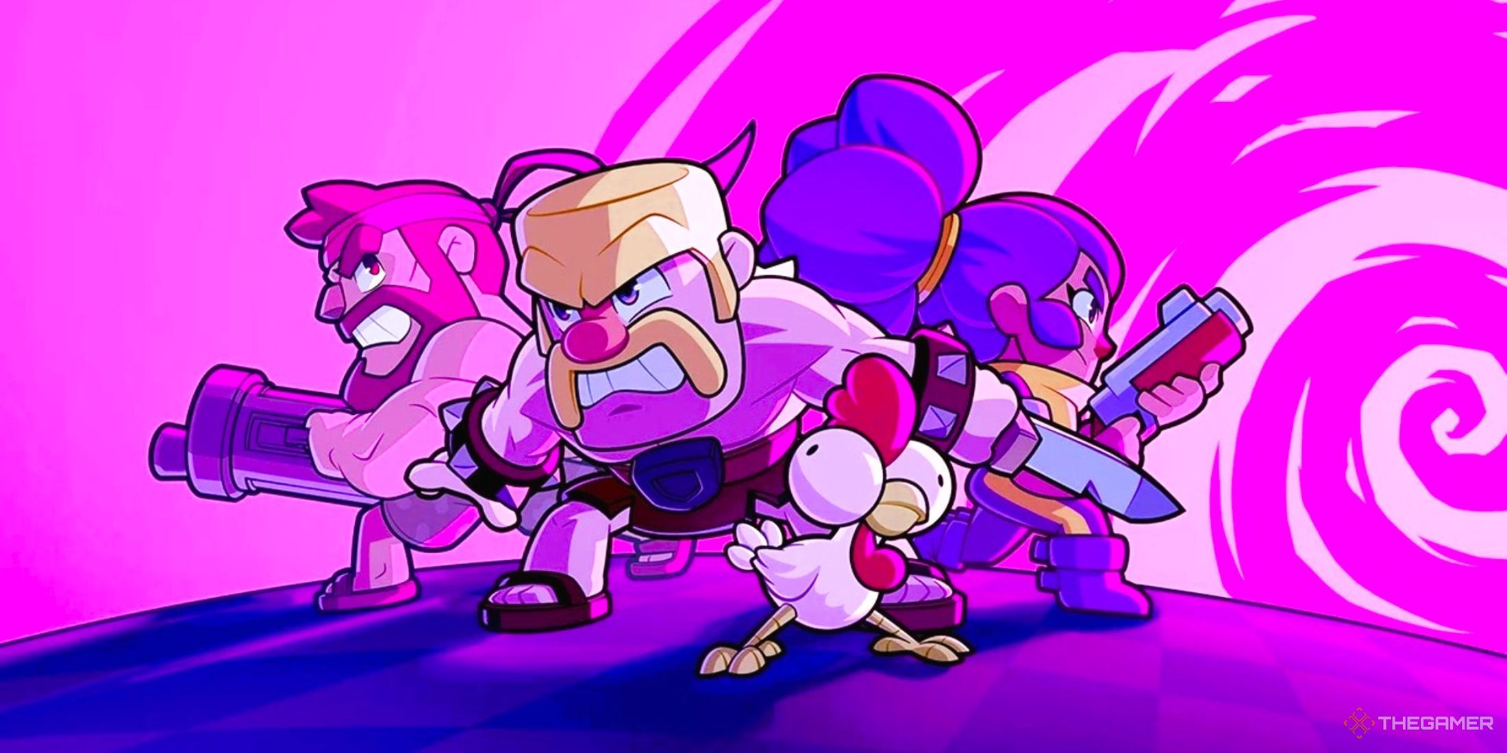 Four characters from Squad busters standing next to each other, covering their backs, in a purple background.