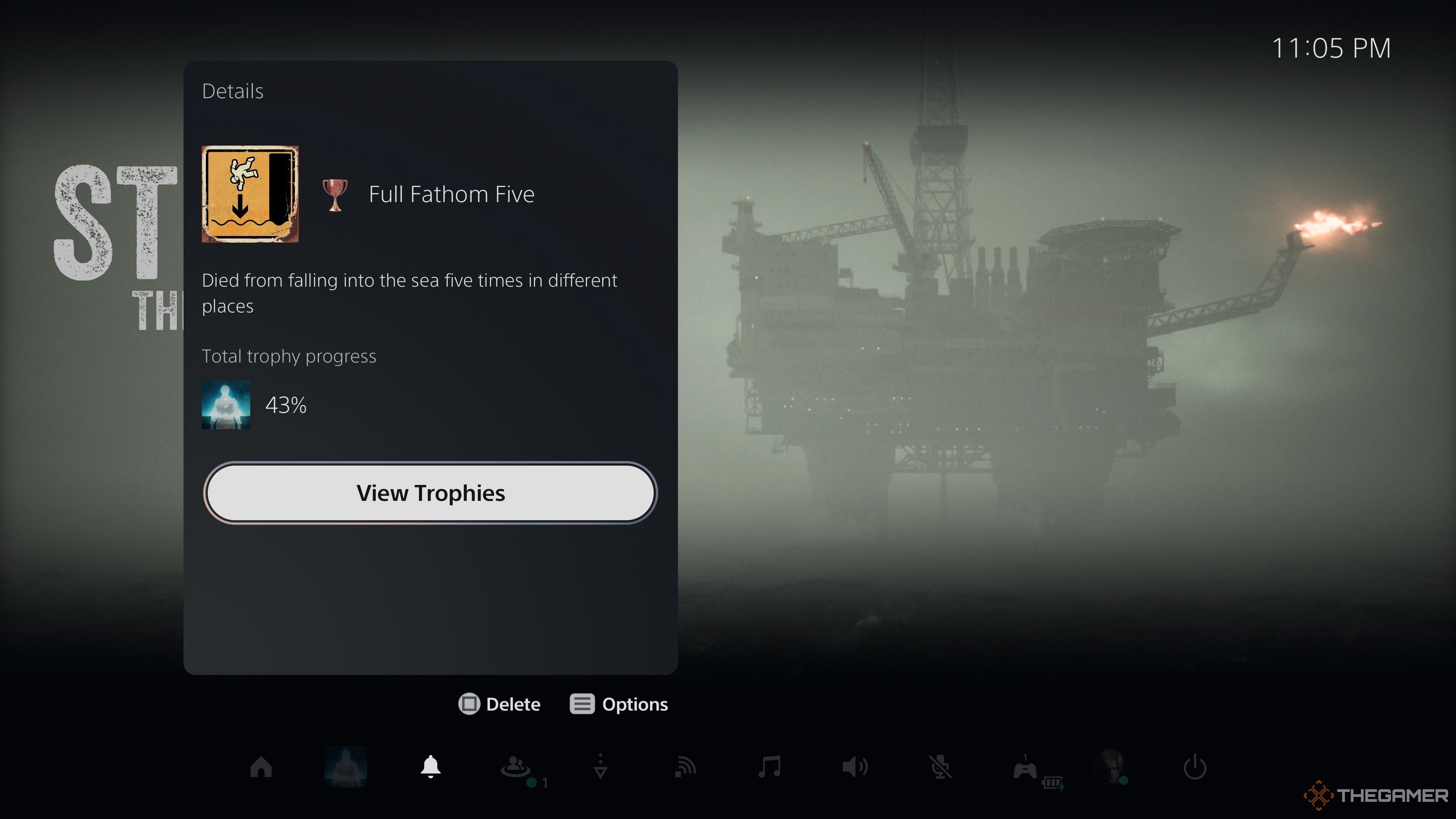 Unlocking the Full Fathom Five trophy from Still Wakes the Deep in the PS5 UI.