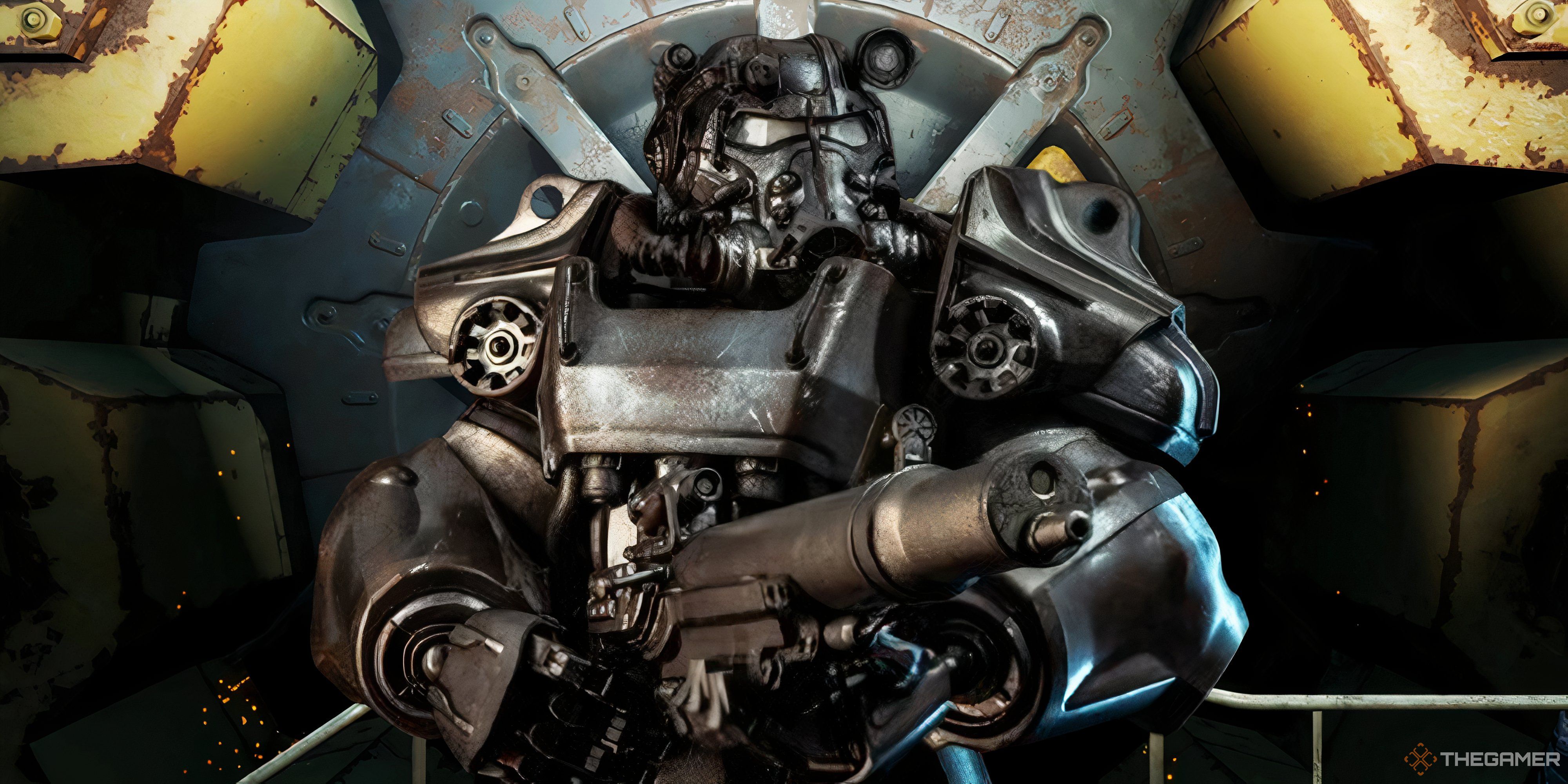 t-60 power armor in front of a fallout vault