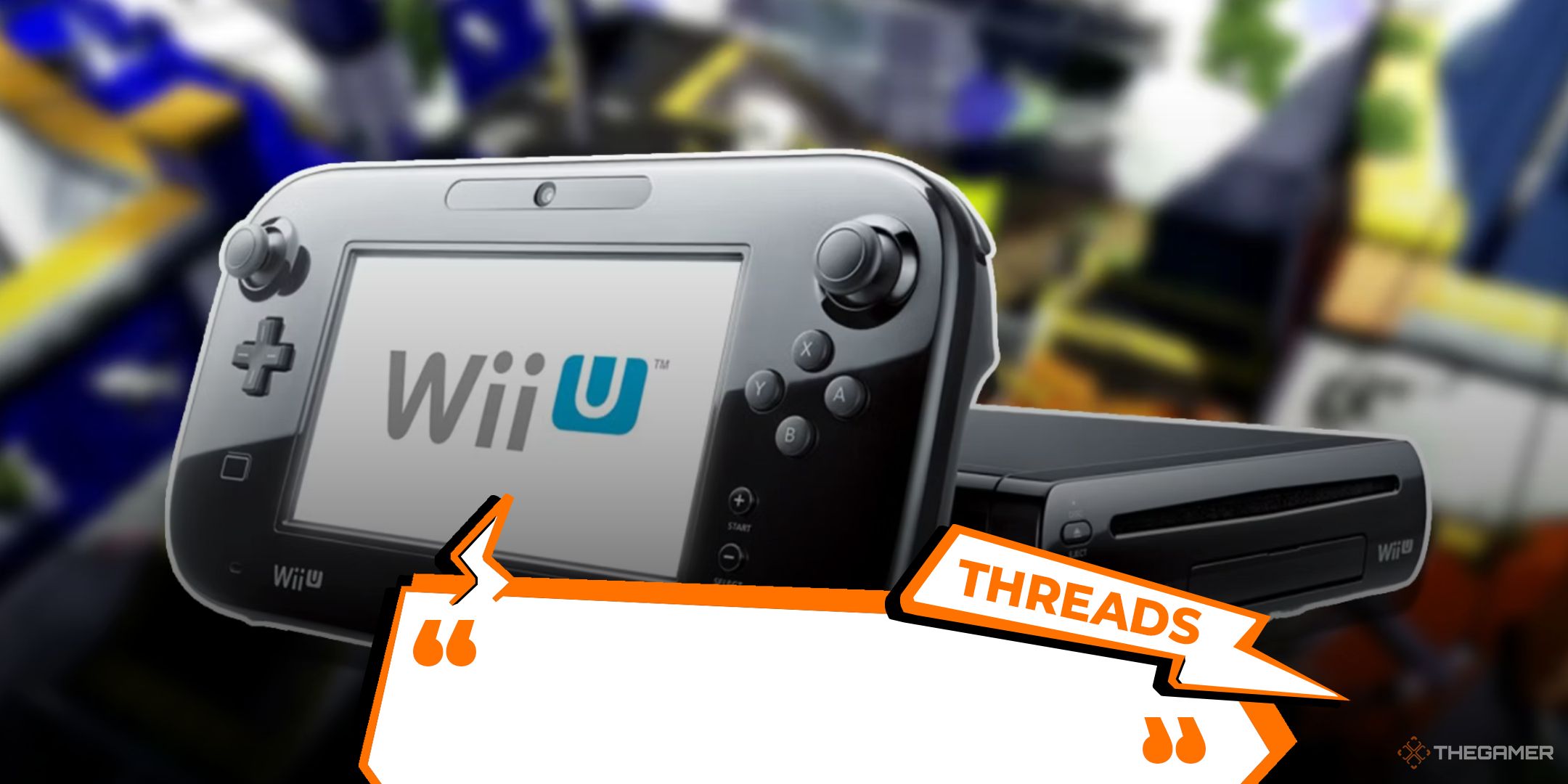 The black version of the Wii U with a blurred background of Splatoon