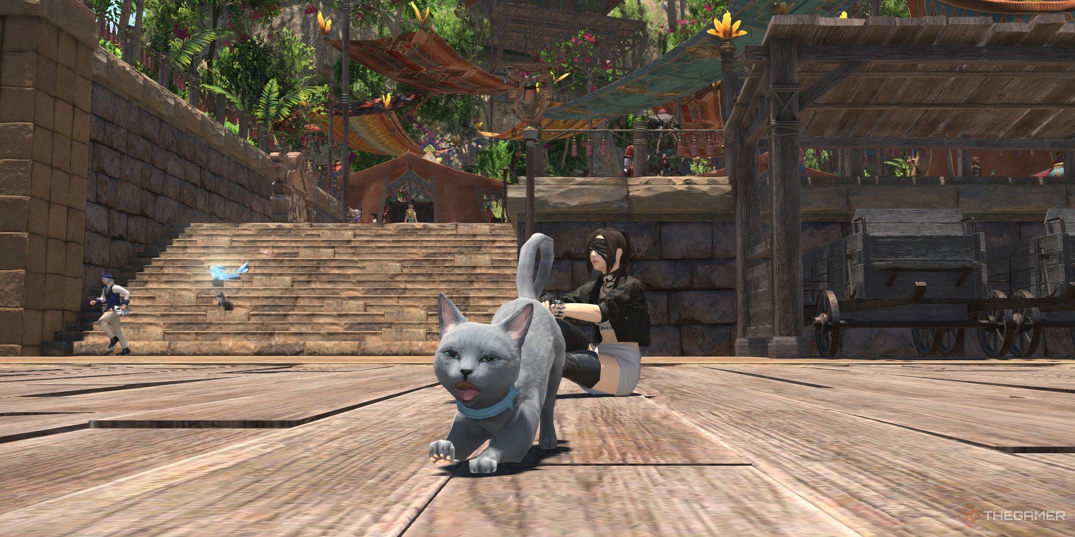 The Bluecoat Cat minion with a character sitting in the background in Final Fantasy 14 Dawntrail.