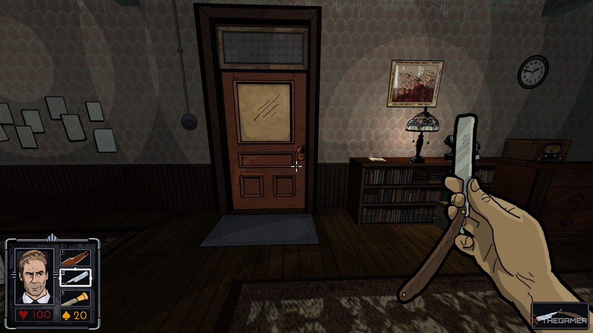 The character, carrying a razor, stands in front of the closed apartment door in Fallen Aces