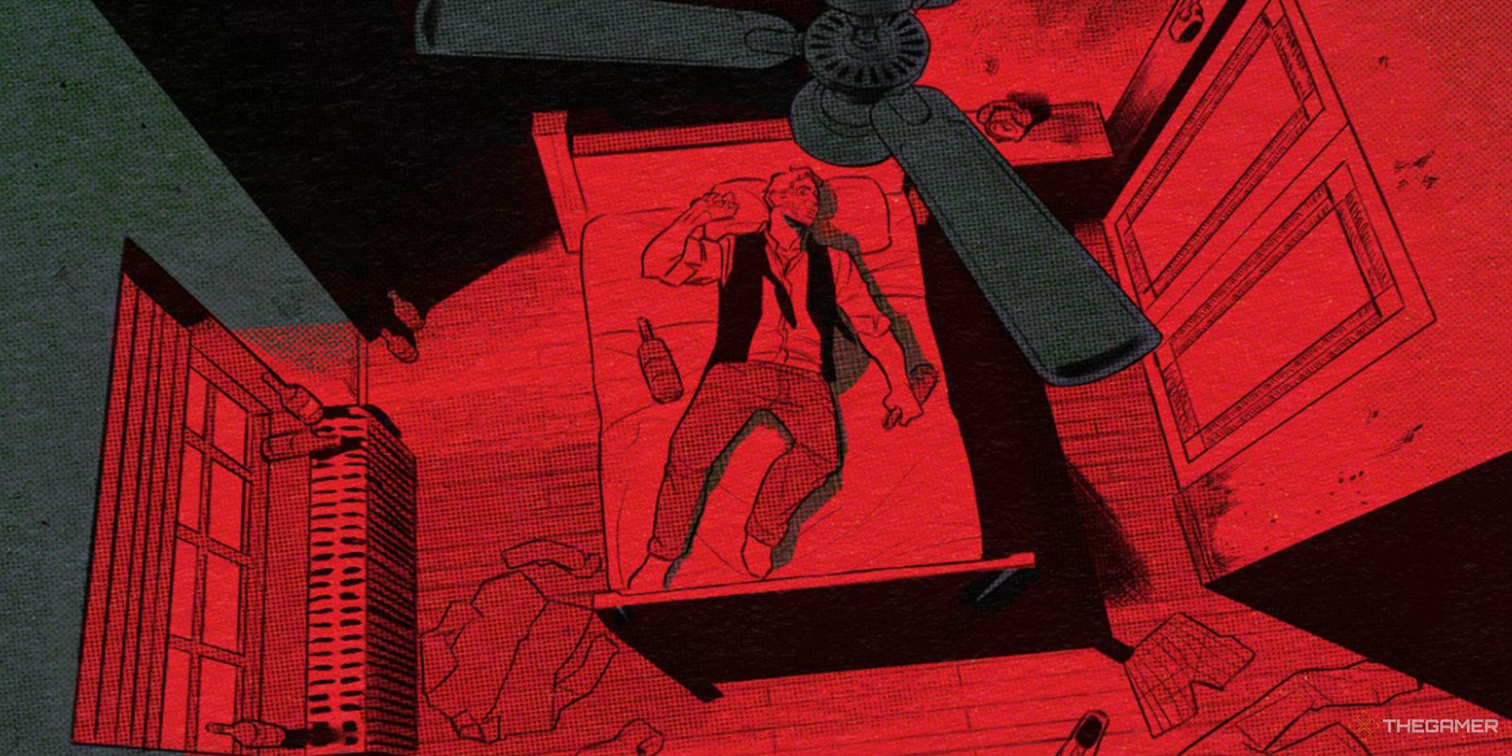 The detective is sleeping on his bed with beer bottles in Fallen Aces