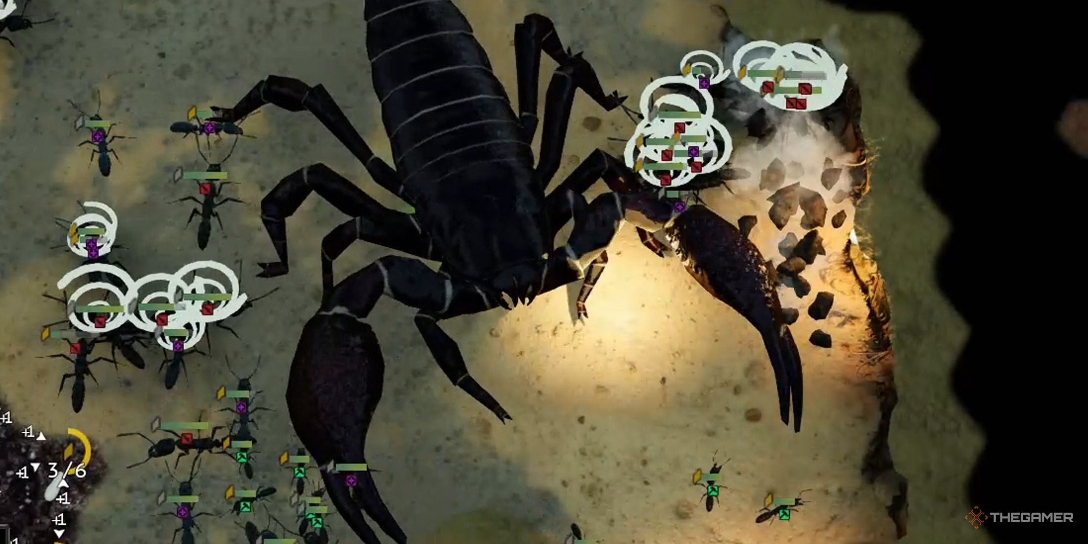 The Emperor Scorpion attacks and stuns nearby Matabele Ants in Empires of the Undergrowth-1