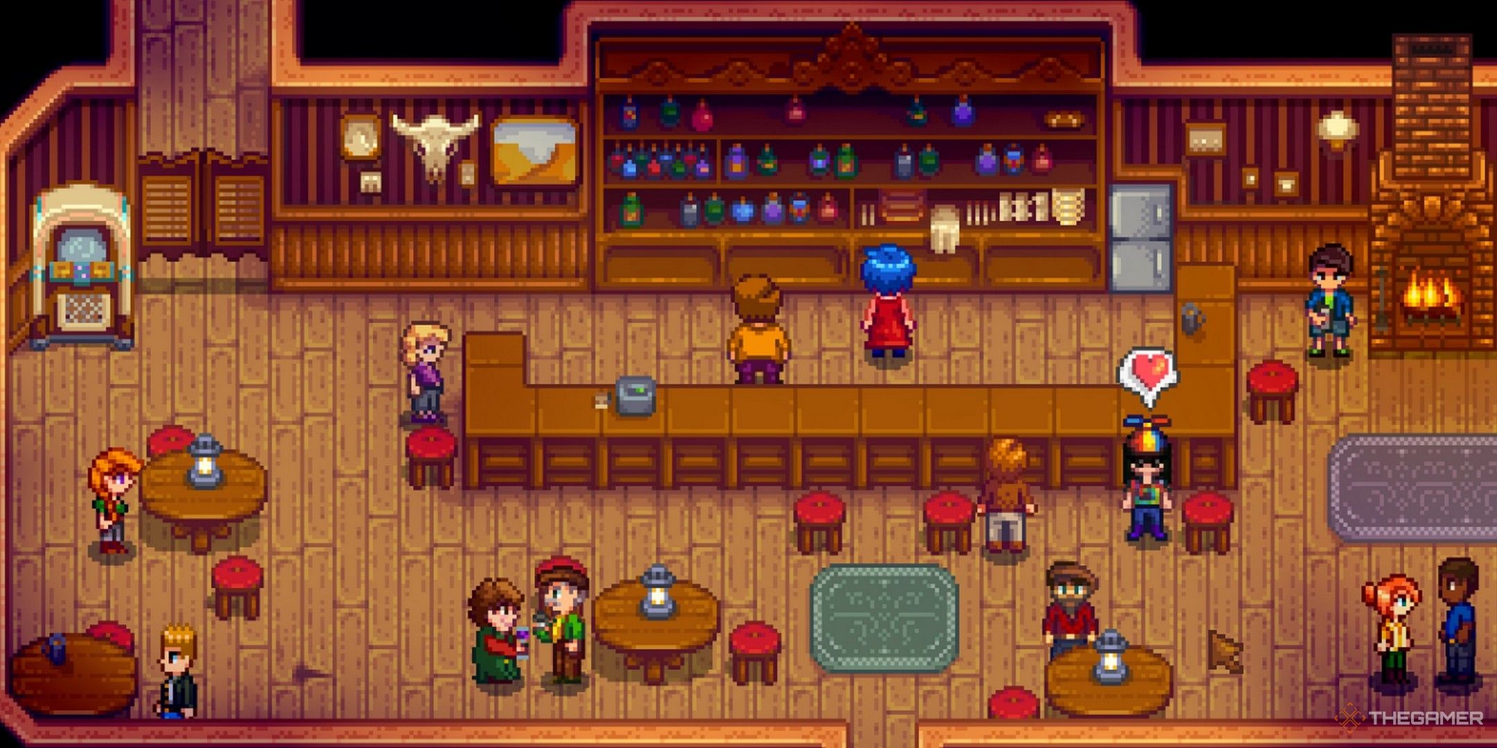the farmer using the heart emote at the saloon on a friday night when it's busy in stadew valley-1