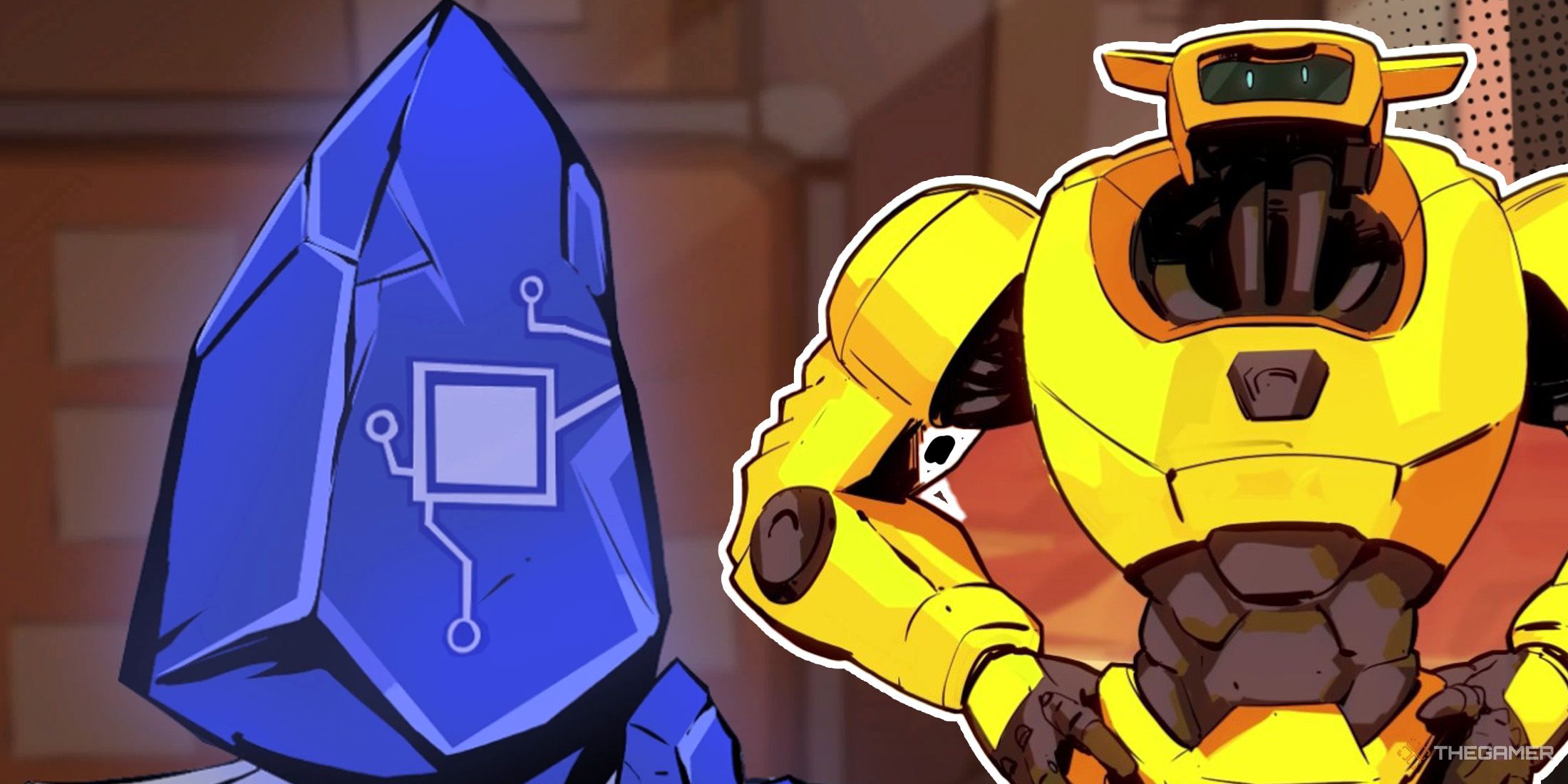 The Guardian character is posing to the right of the blue crystal in Roboquest