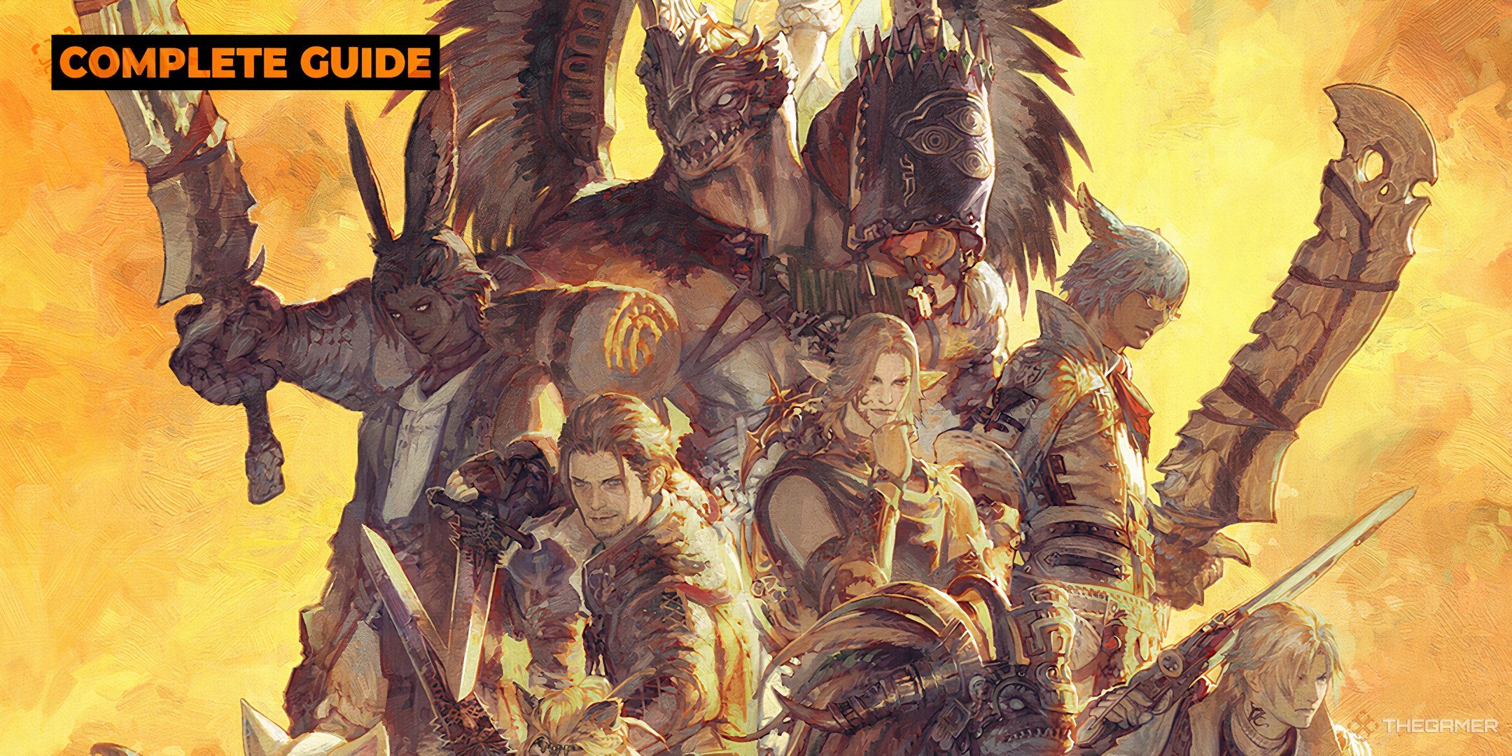 The key artwork for Final Fantasy 14 Dawntrail showing the main characters with the Complete Guide icon in the top left corner.