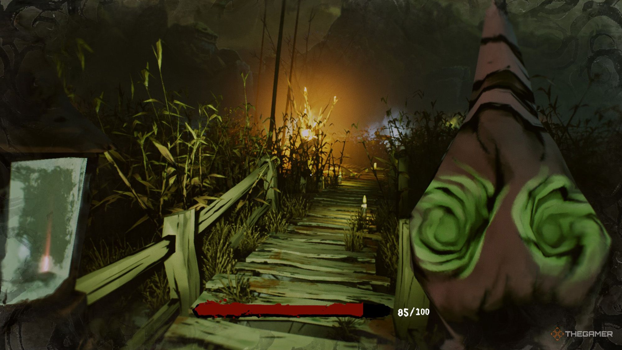 The player is advancing on the wooden bridge holding a Scarecrow in Harvest Hunt