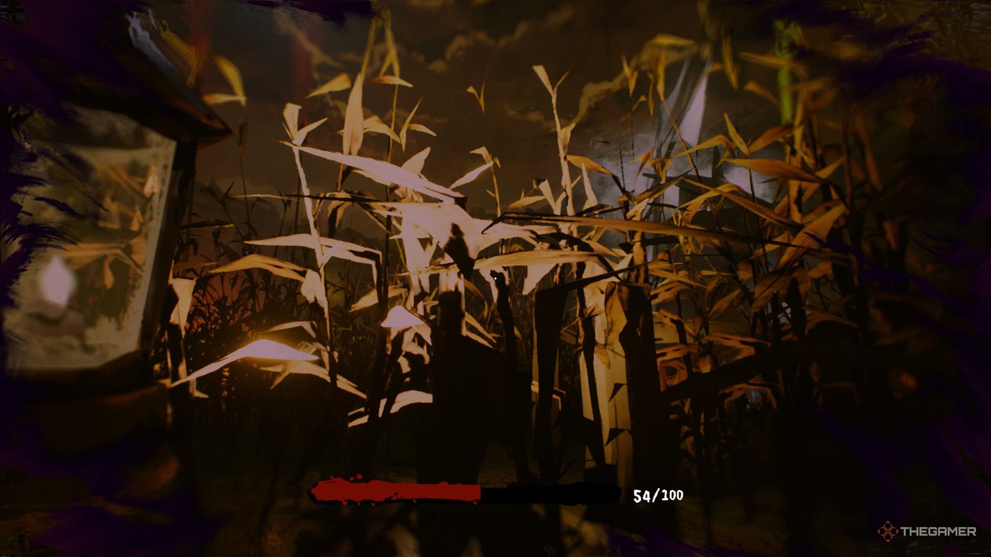 The player is crouching to hide in the cornfields in Harvest Hunt