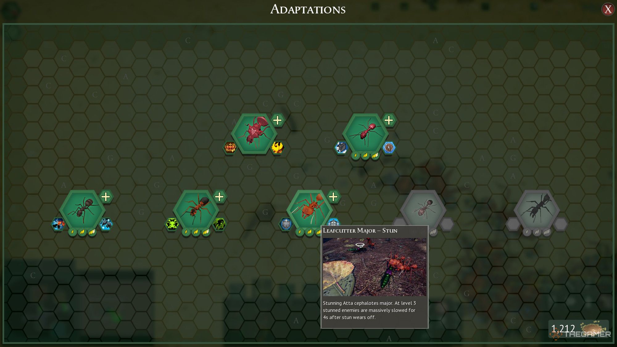 The player is examining the Leafcutter Major species on the adaptation screen in Empires of the Undergrowth