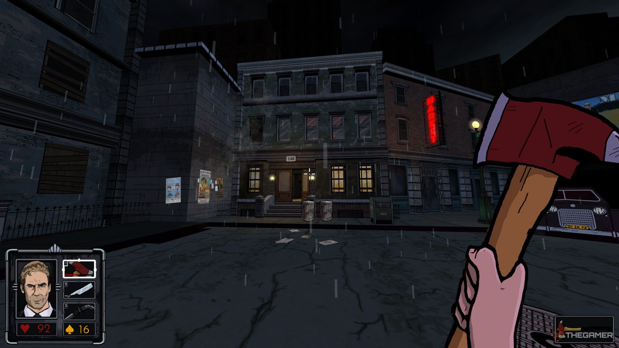 The player is heading towards to a bulding written 148 on it while carrying a hatchet in Fallen Aces