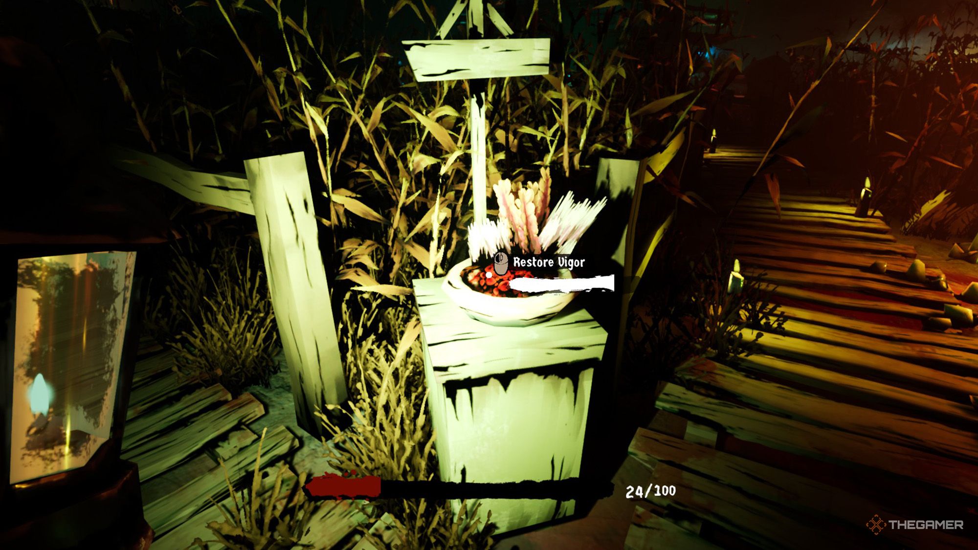 The player is healing his Vigor using rations in Harvest Hunt