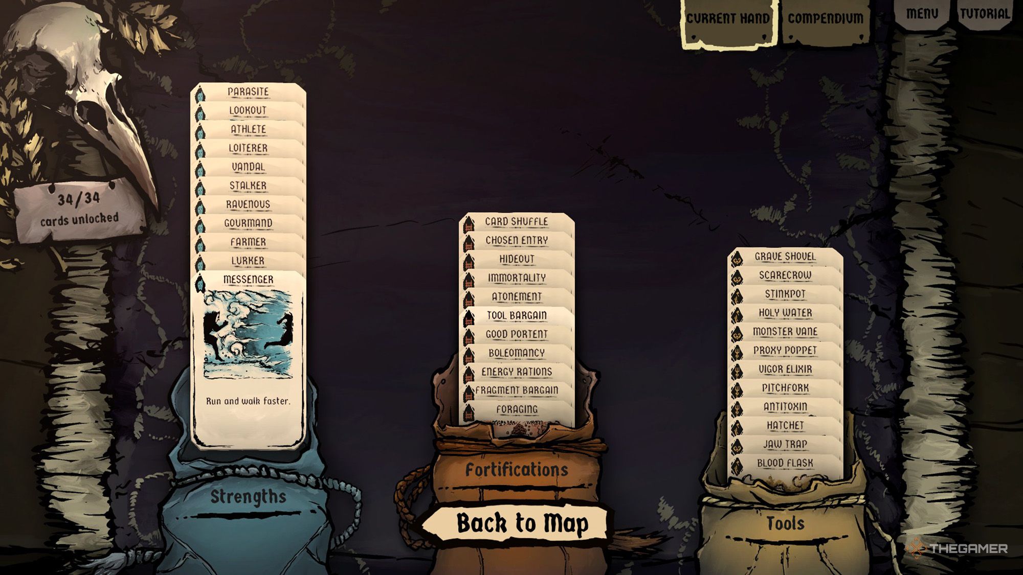The player is inspecting the Messenger card among all the cards in Harvest Hunt
