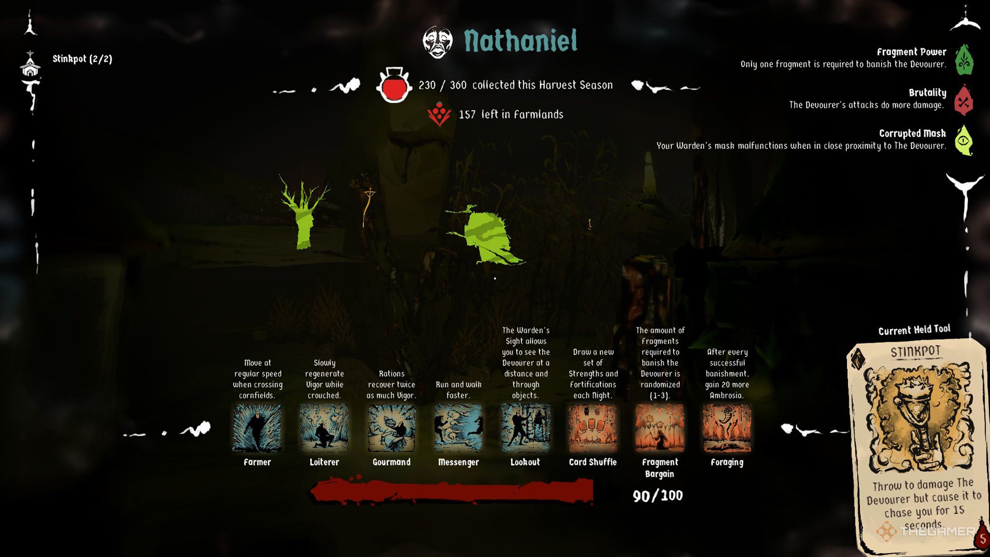 The player is observing the distant Devourer using Warden&rsquo;s Sight in Harvest Hunt