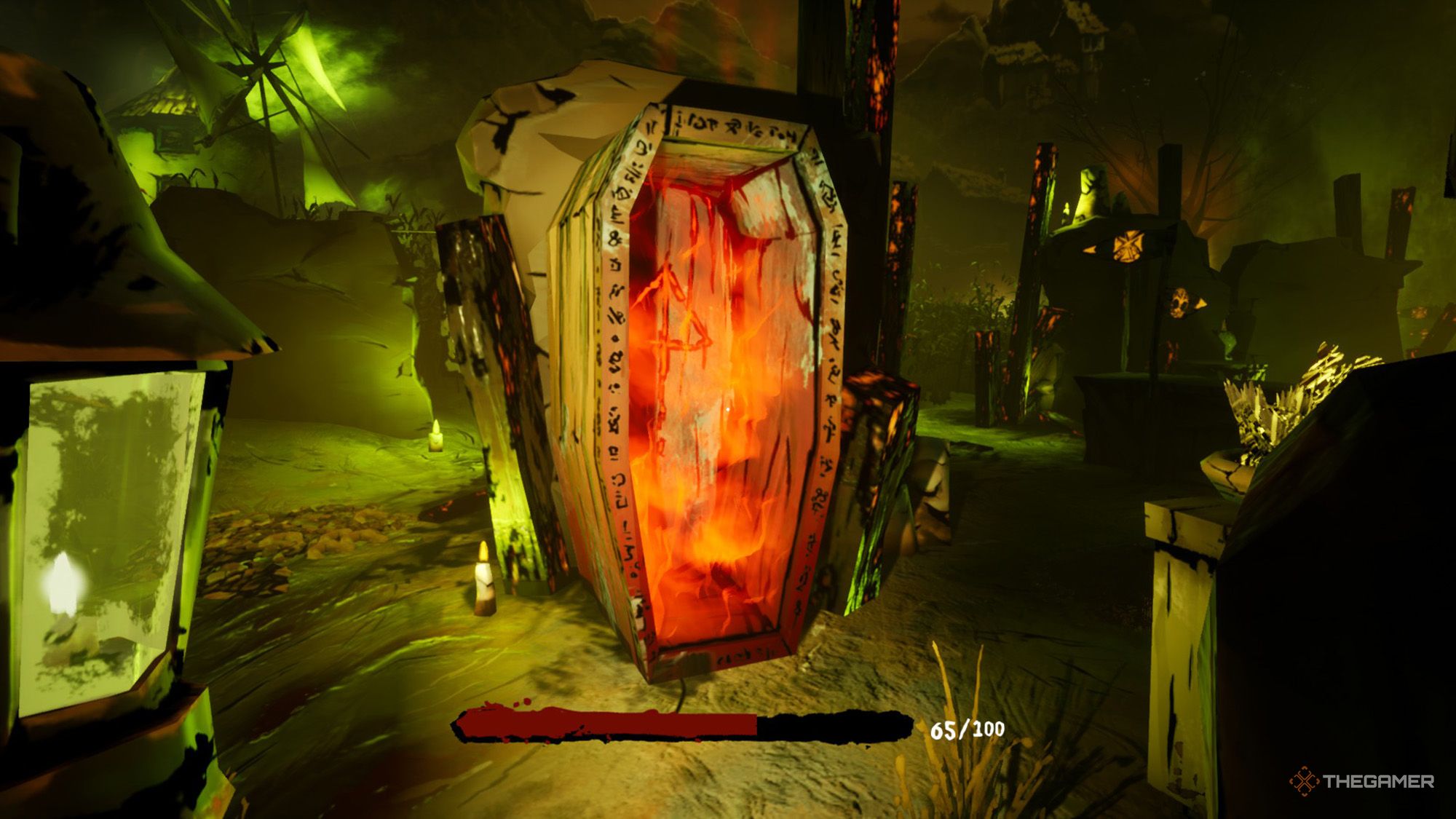 The player is standing in front of a coffin shaped hideout in Harvest Hunt