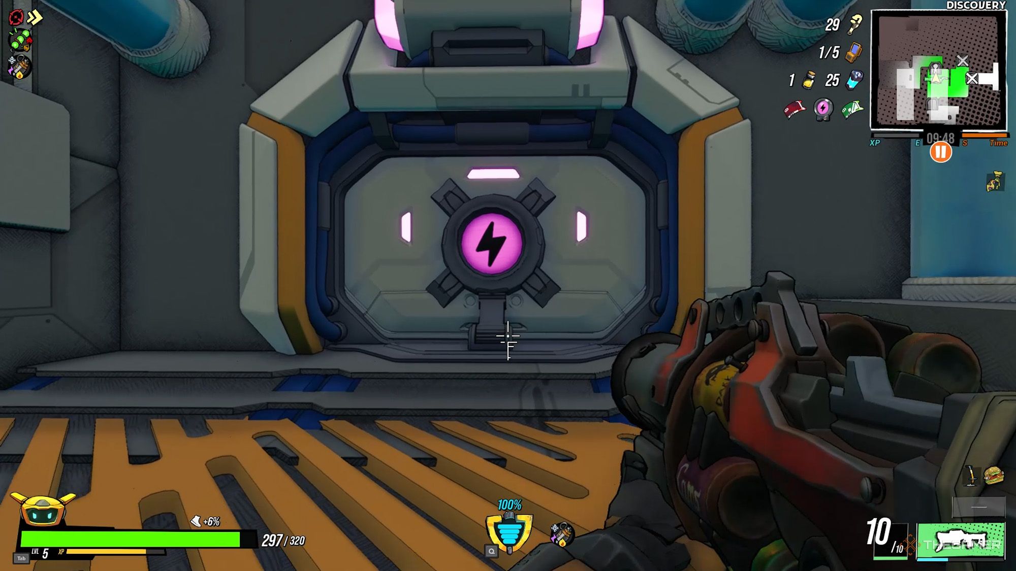 The player is standing in front of the closed Fusion Core Door in Roboquest