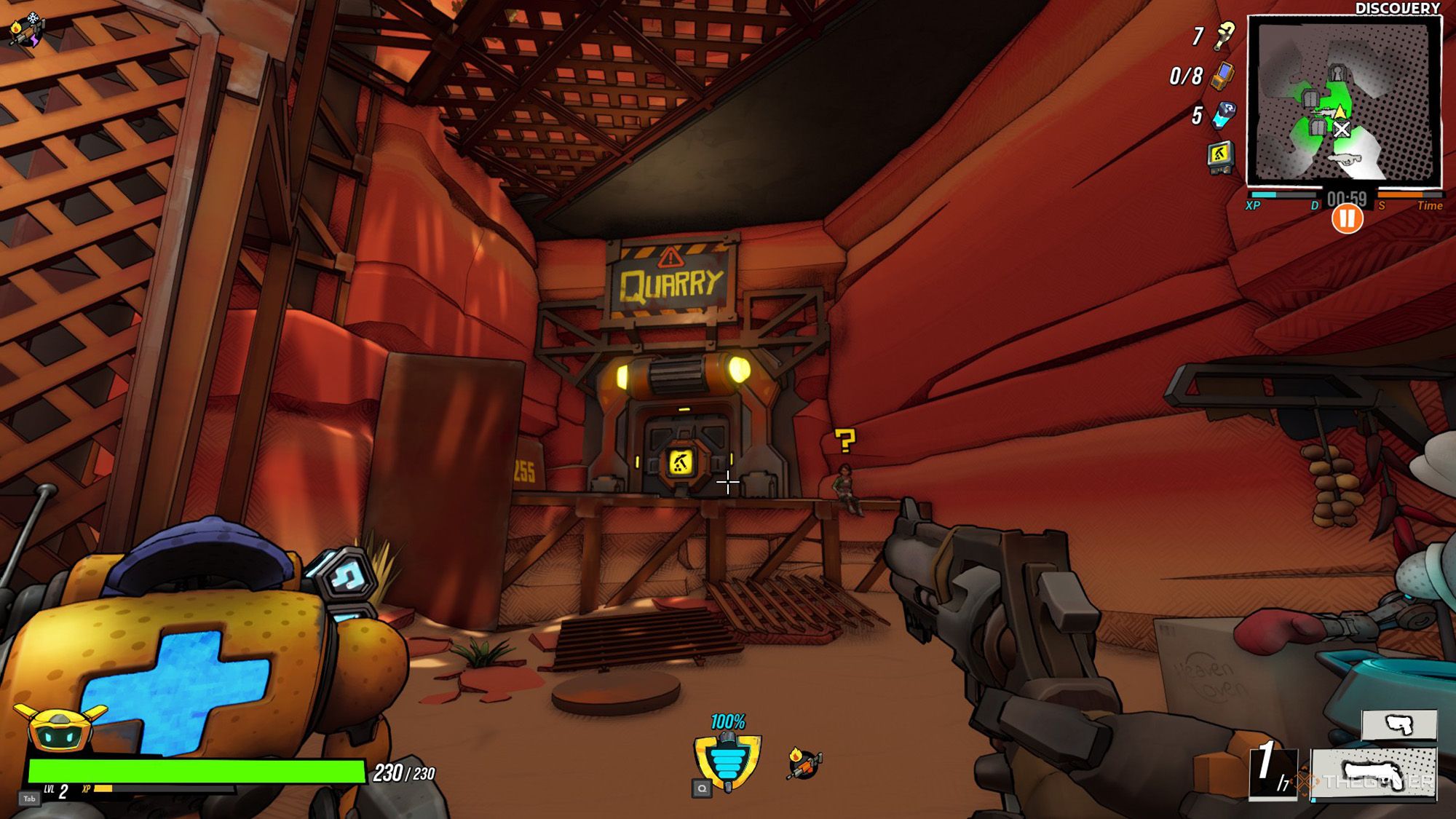 The player is standing in front of the closed Quarry Room door in Roboquest