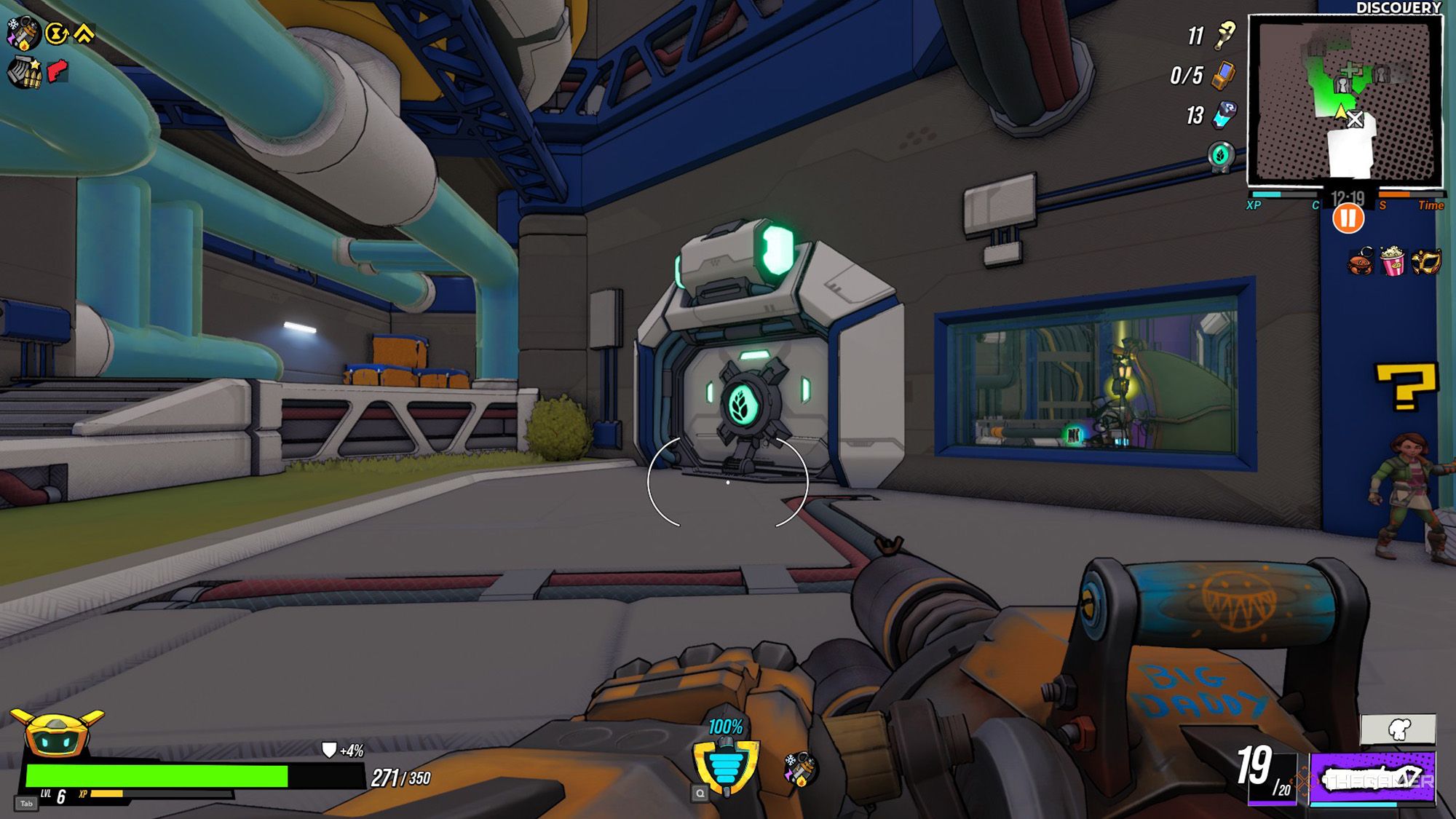 The player is standing in front of the closed Tech Room door in Fields in Roboquest