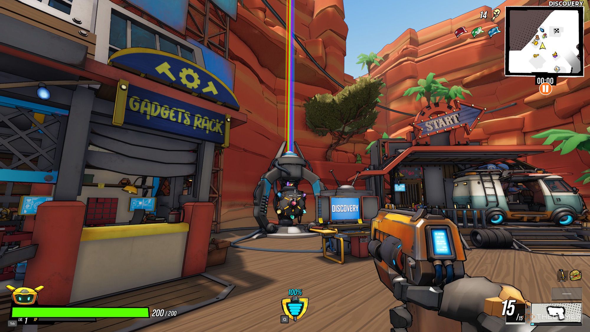 The player is standing in front of the crystal activation machine at the Basecamp in Roboquest
