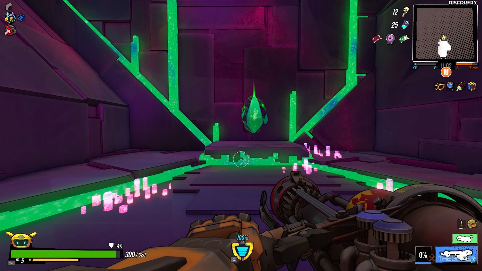 The player is standing in front of the green power crystal in Roboquest