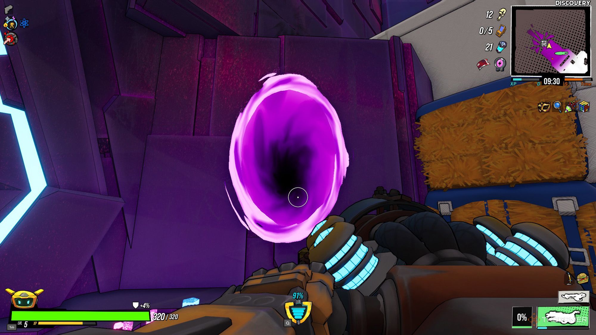 The player is standing in front of the portal located on the wall of the corrupted challenge room in Roboquest