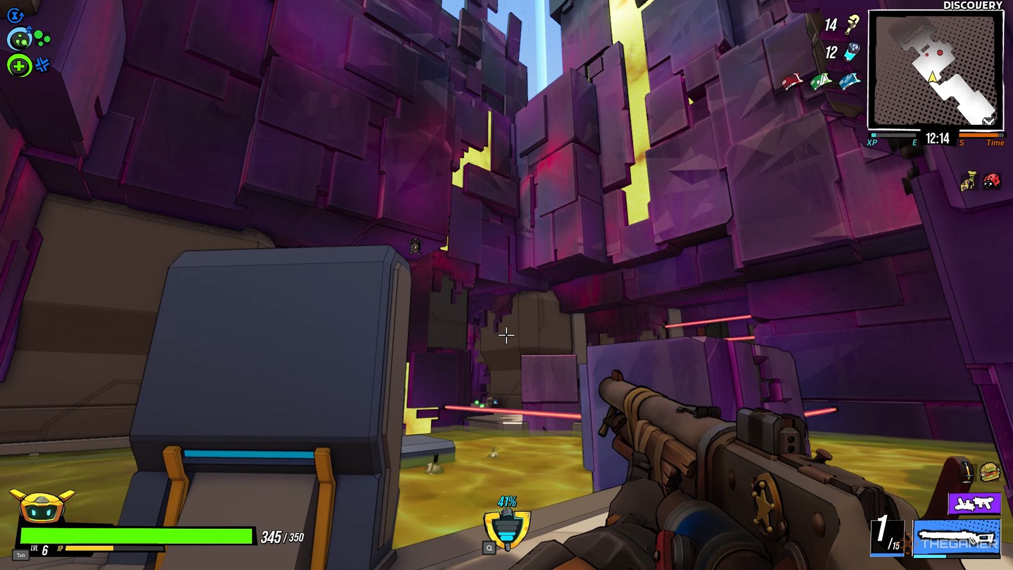 The player is standing in the Fusion Core area, which is covered in acid in Roboquest