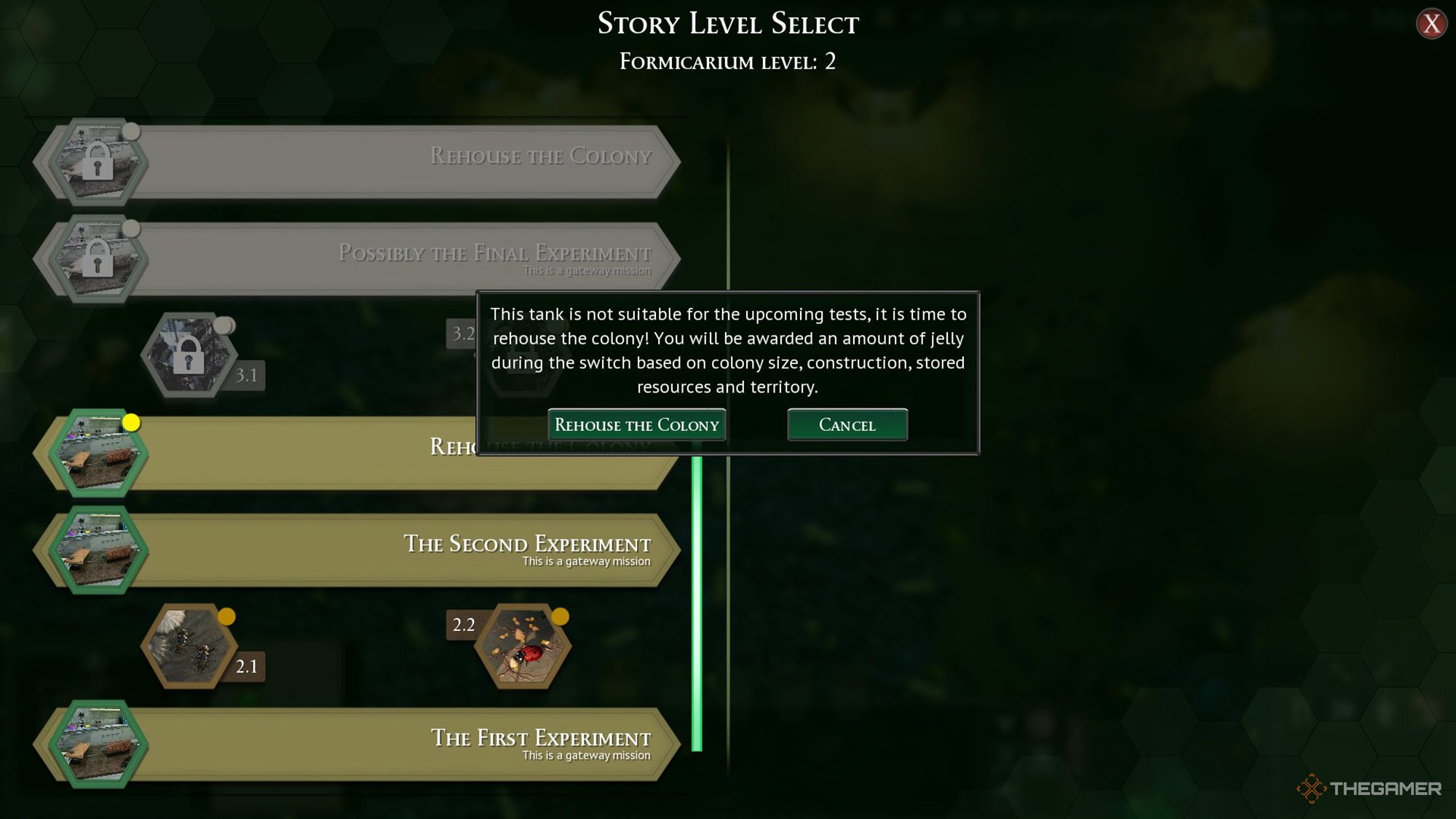 The player receives a warning after pressing the Rehouse The Colony button in Empires of the Undergrowth