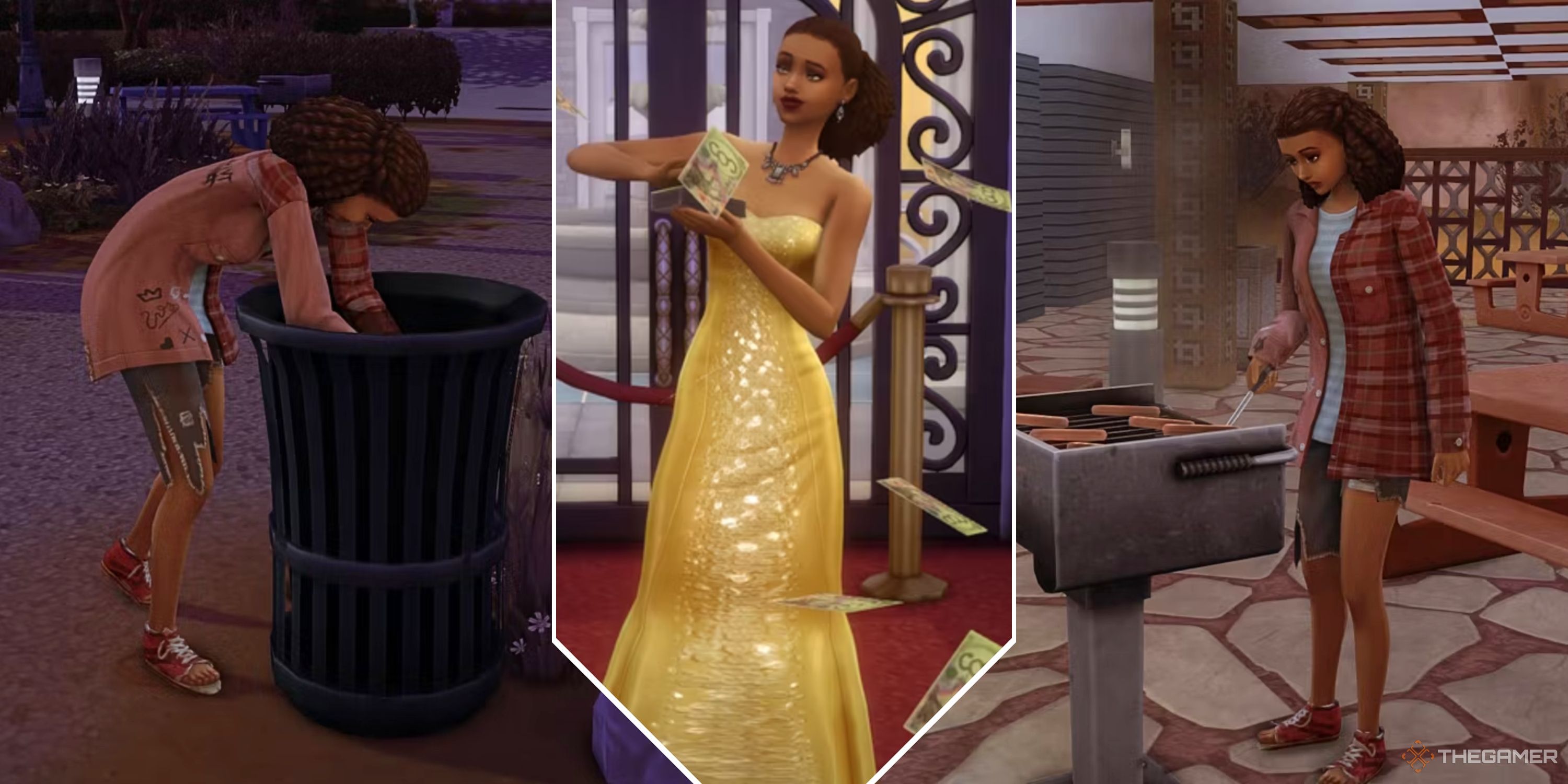 Collage image featuring a sim digging in the trash, making food on a grill, and fanning money in a ball gown. 