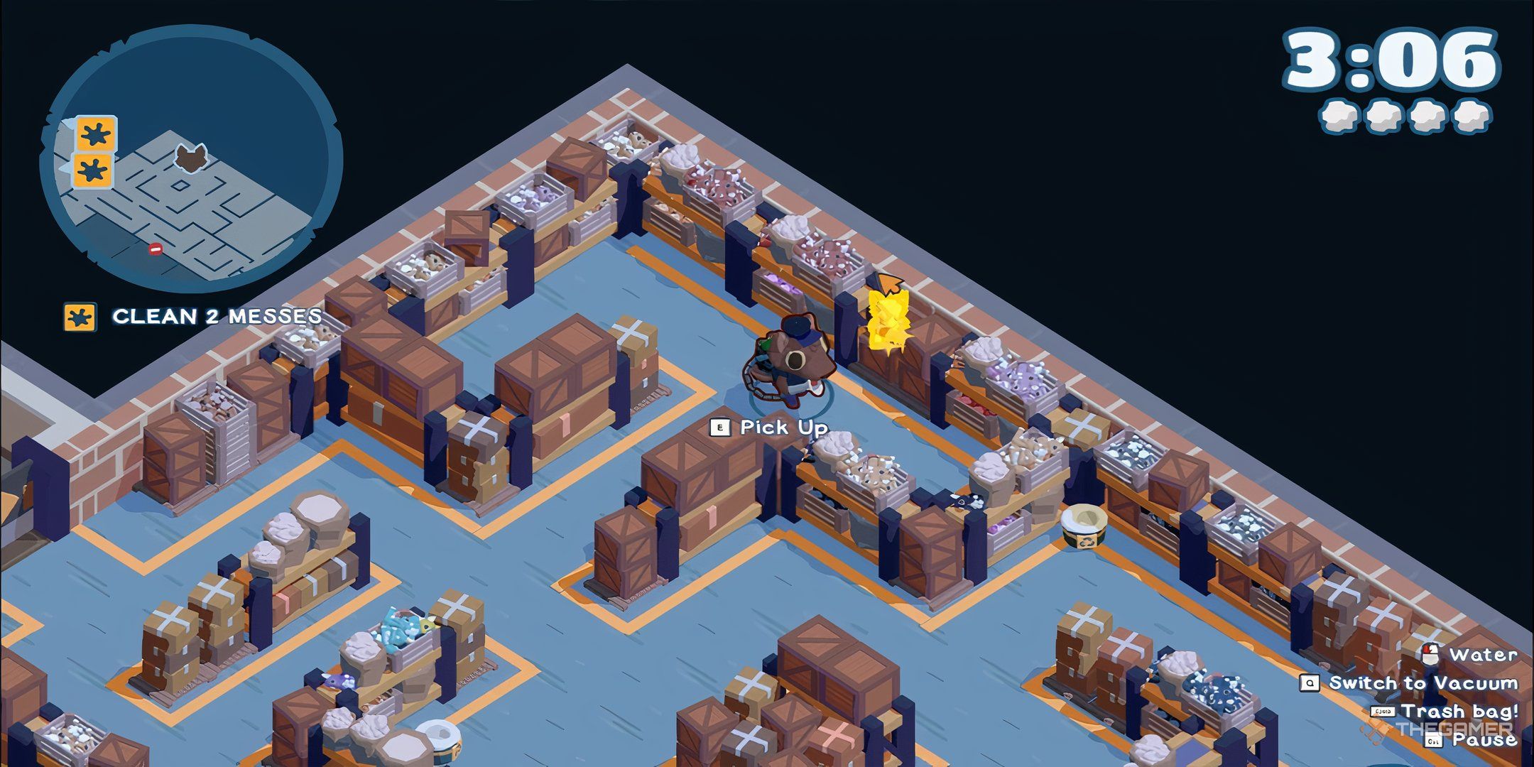 Kyle in the storage room standing beside a gold wolf plush toy on top of a stack of crates.