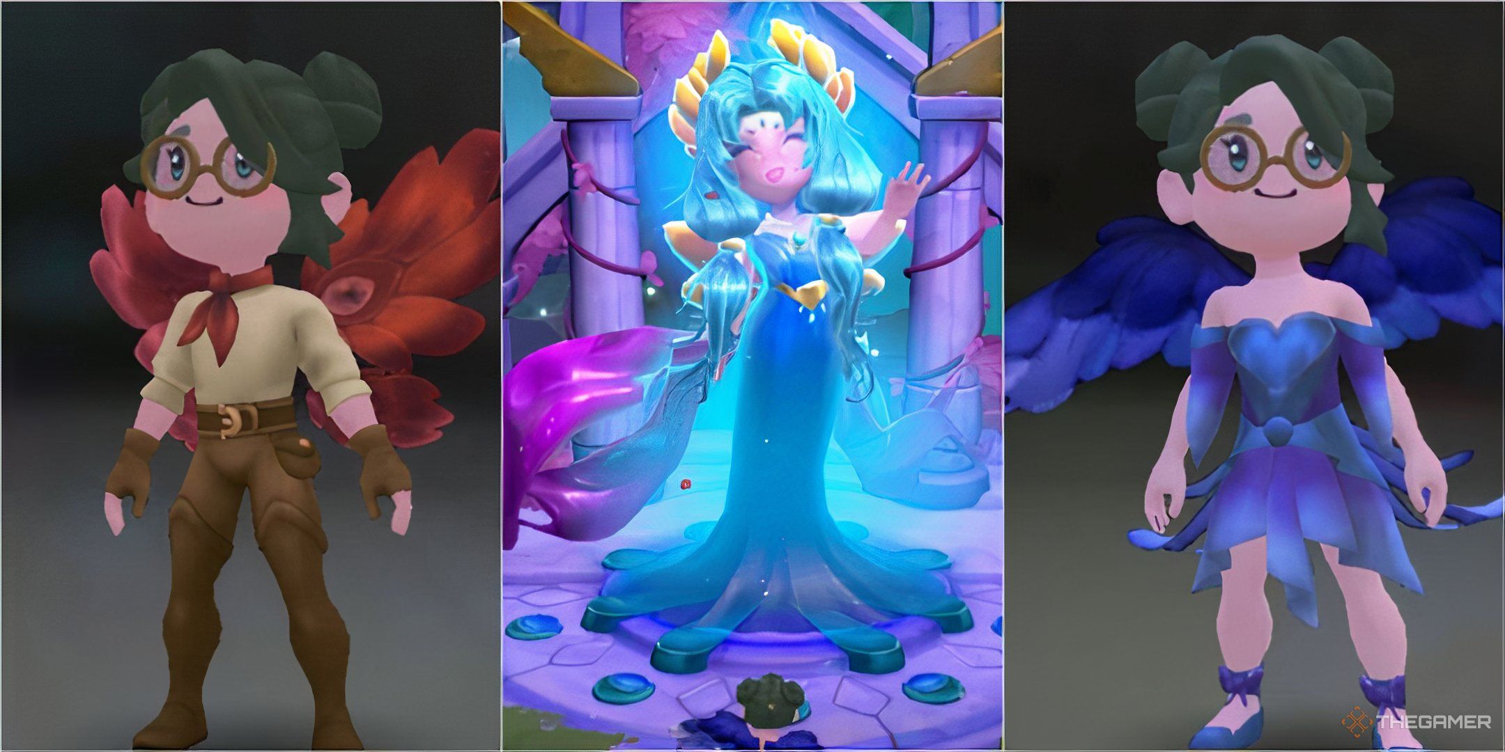 the wisp mother with a farmer wearing multiple red and blue wings in fae farm can you change your wings