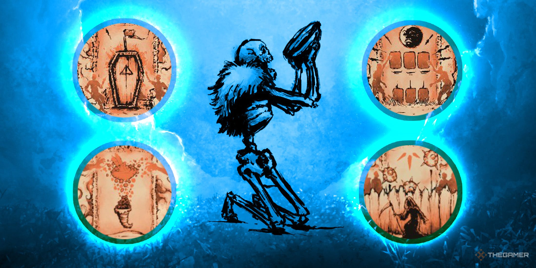 There is a depiction of four Village Fortification cards around a skeleton holding a bowl in Harvest Hunt