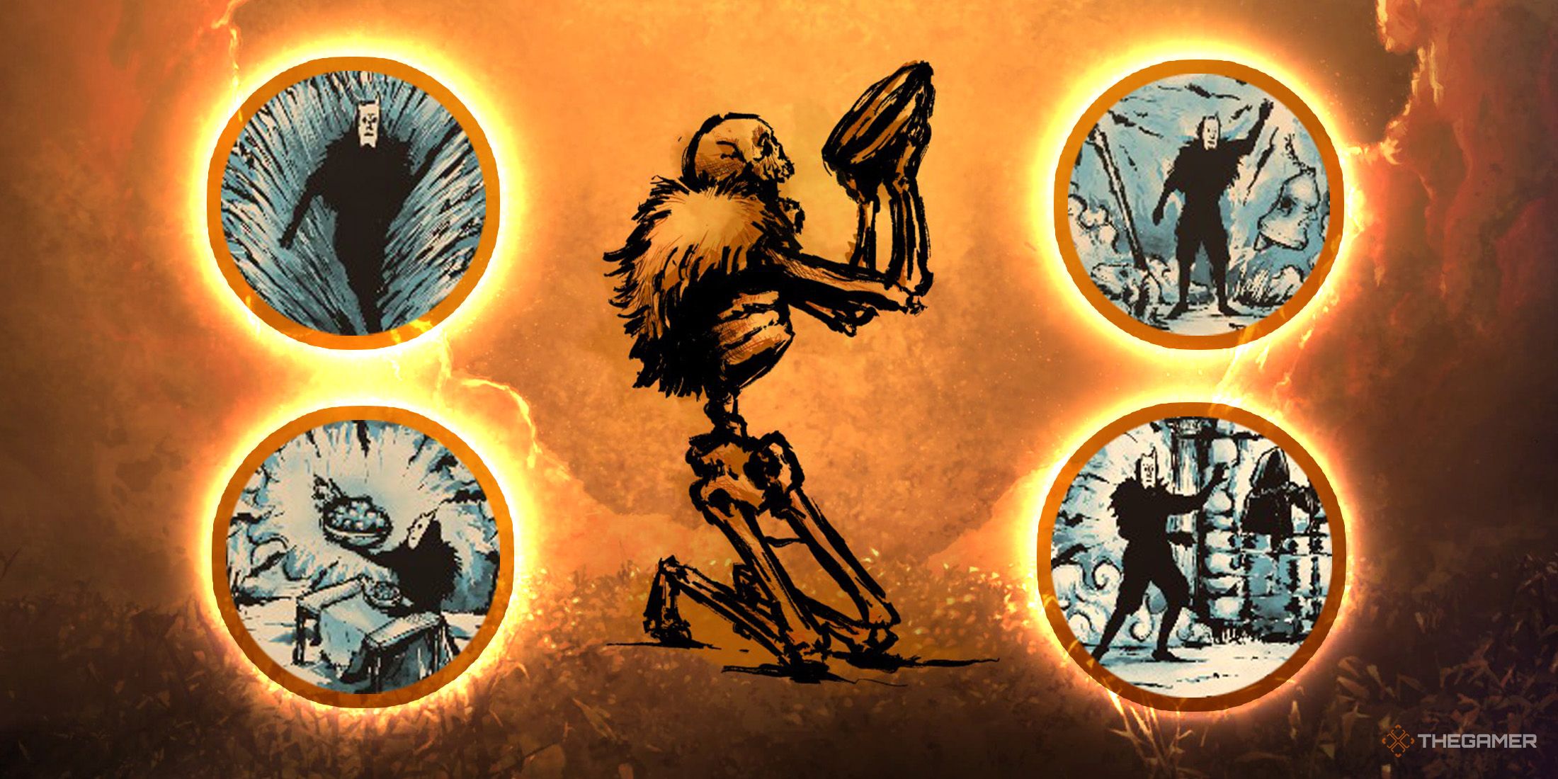 There is a depiction of four Warden Strength cards around a skeleton holding a bowl in Harvest Hunt
