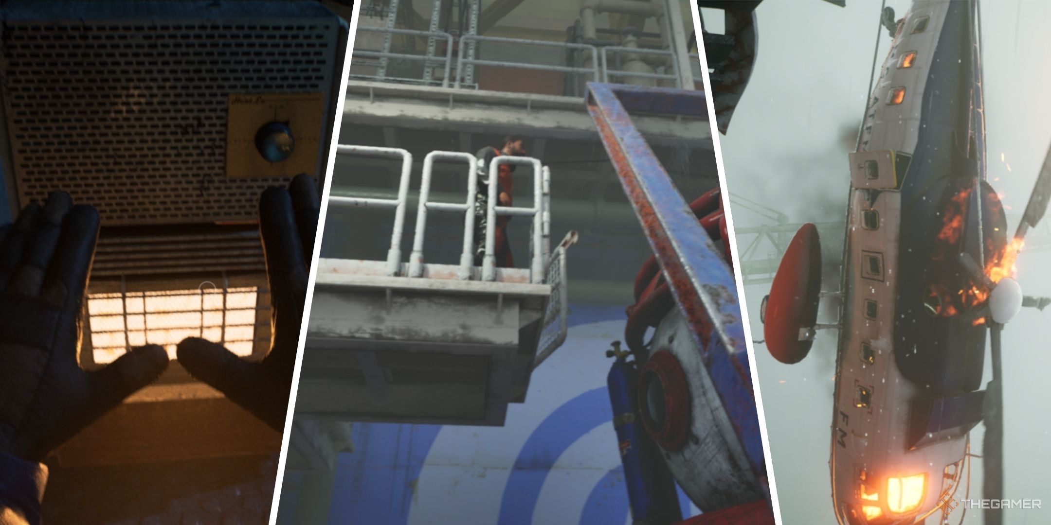 Three-image collage of Caz warming his hands by a heater, Brodie with the diving bell, and the crashed helicopter.