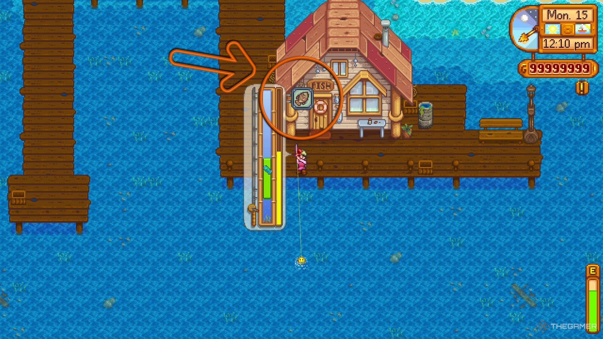 Stardew Valley Fishing UI که نشان می دهد کدام ماهی را می گیرید. 