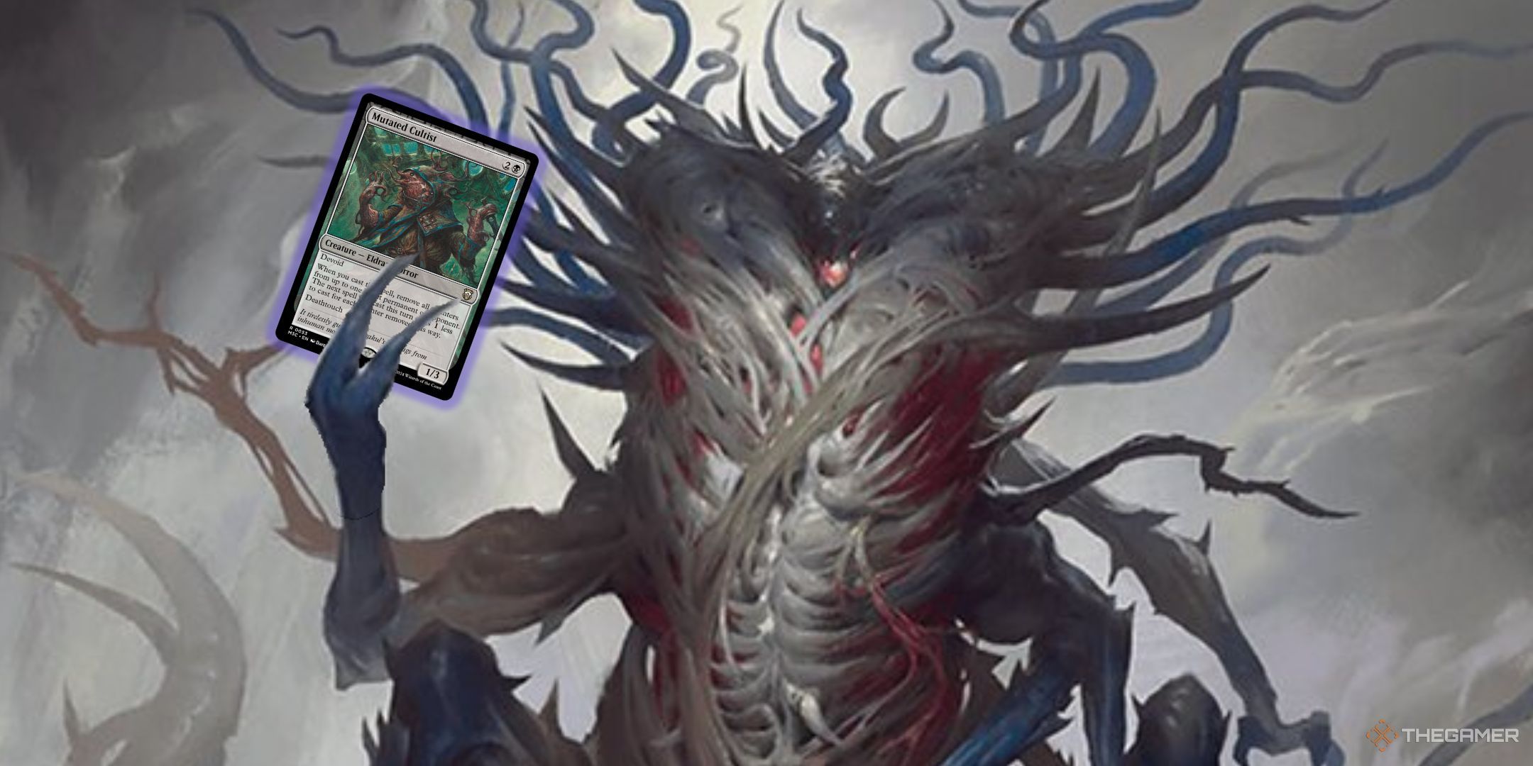 Magic: The Gathering card art for Azlask, the Swelling Scourge by Alexander Mokhov and card image of Mutated Cultist