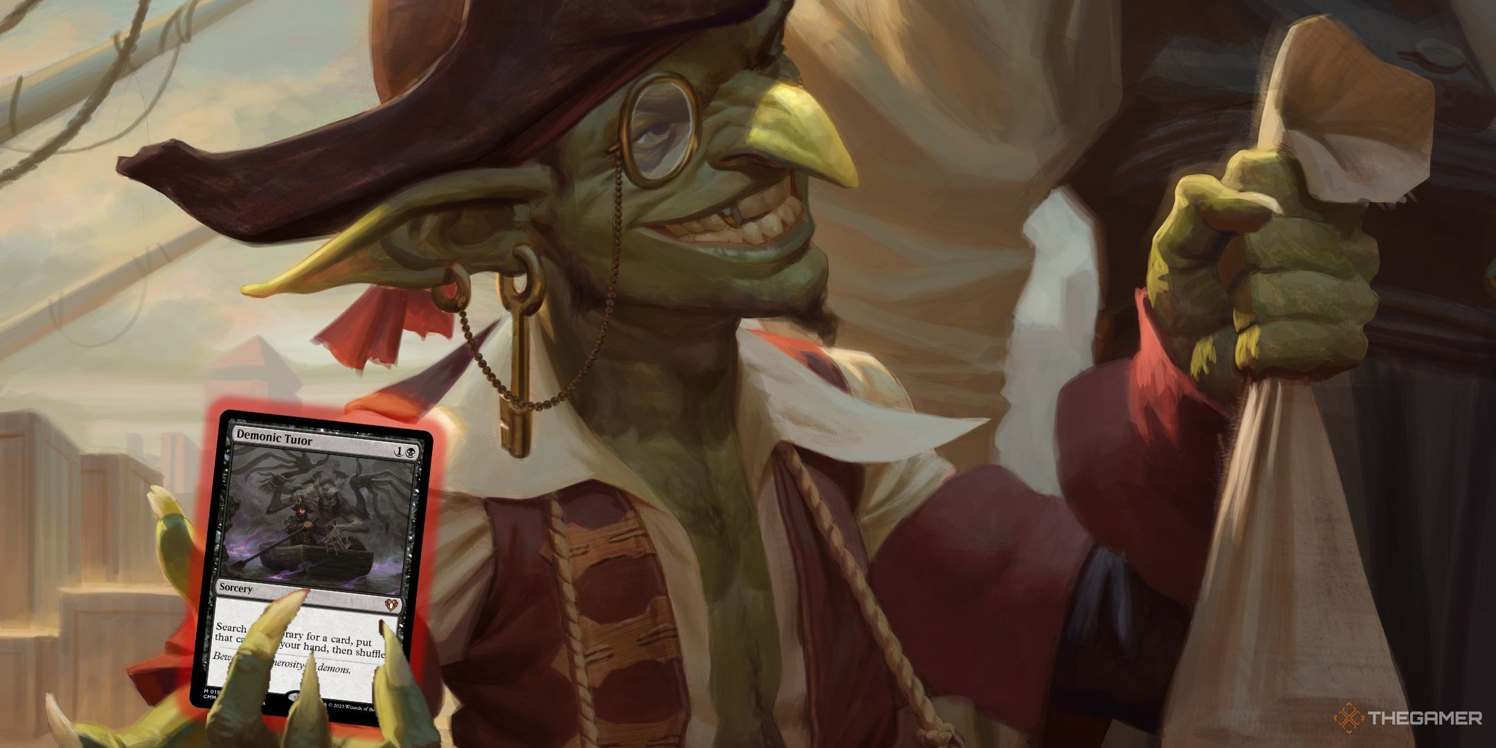 Magic: The Gathering card art for Dockside Extortionist by Forrest Imel + card image of Demonic Tutor