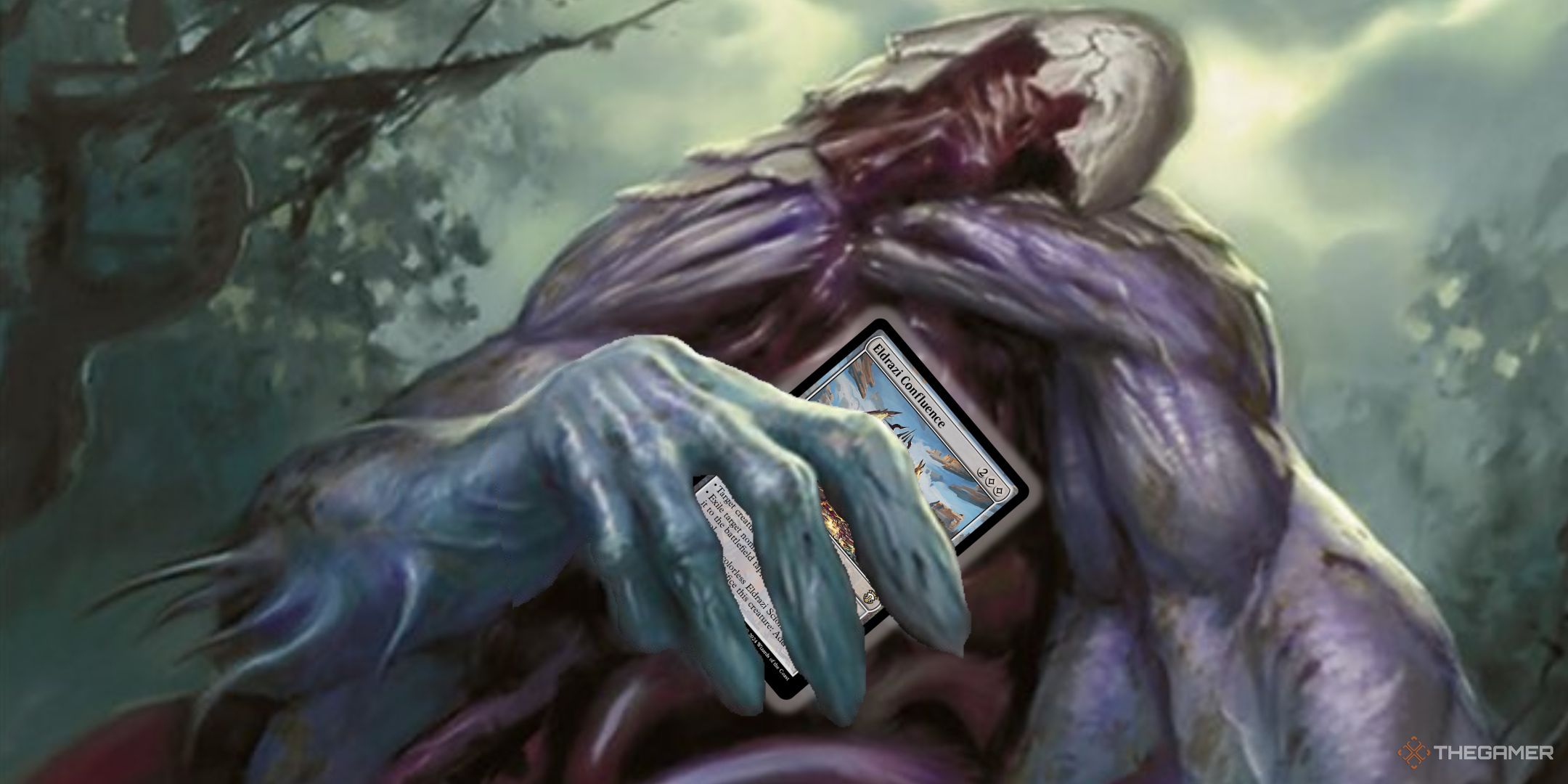 Magic: The Gathering card art for Ulamog's Crusher + card image of Eldrazi Confluence