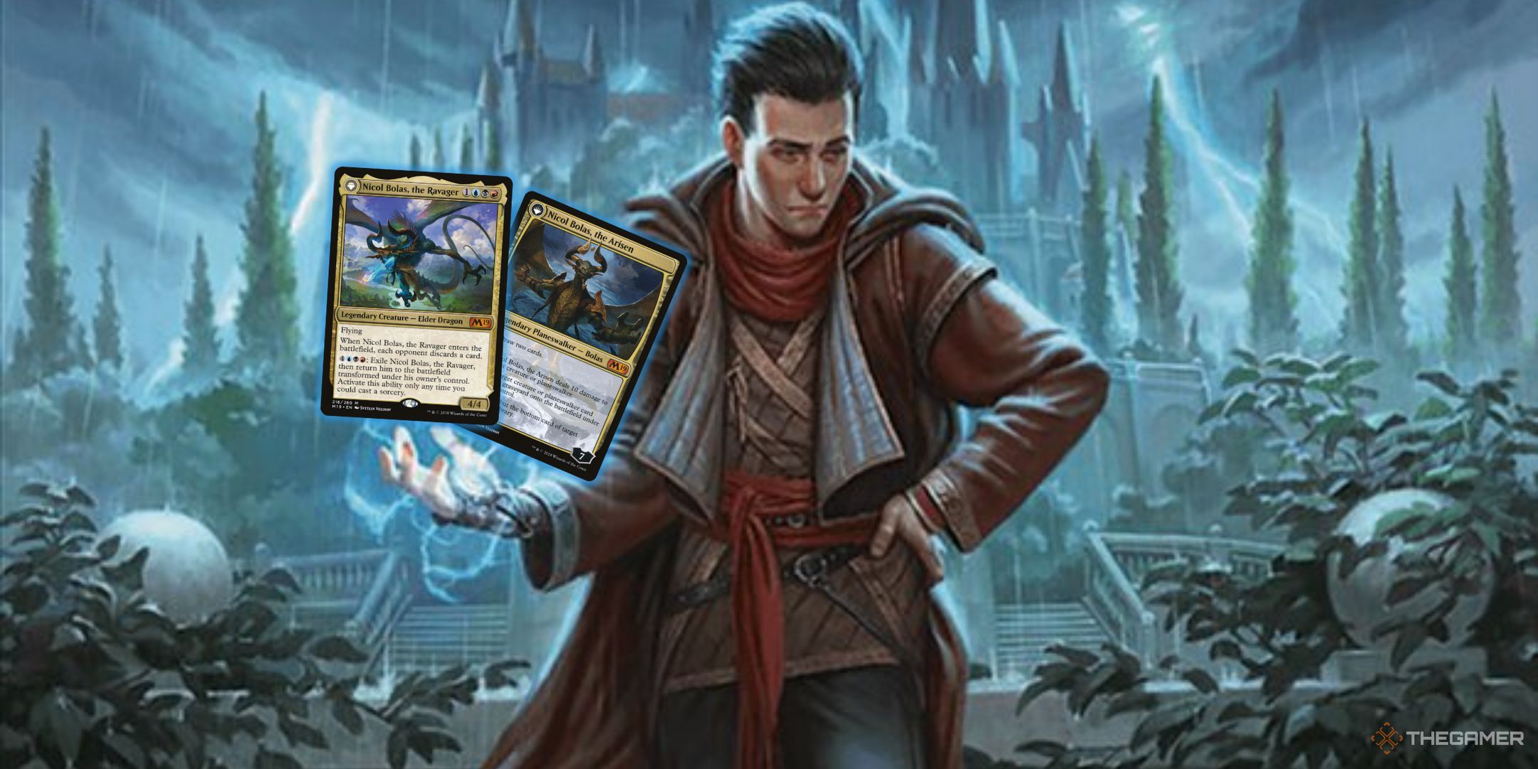 Magic: The Gathering card art for Ral, Monsoon Mage + card images of Nicol Bolas, the Ravager and Nicol Bolas, the Arisen