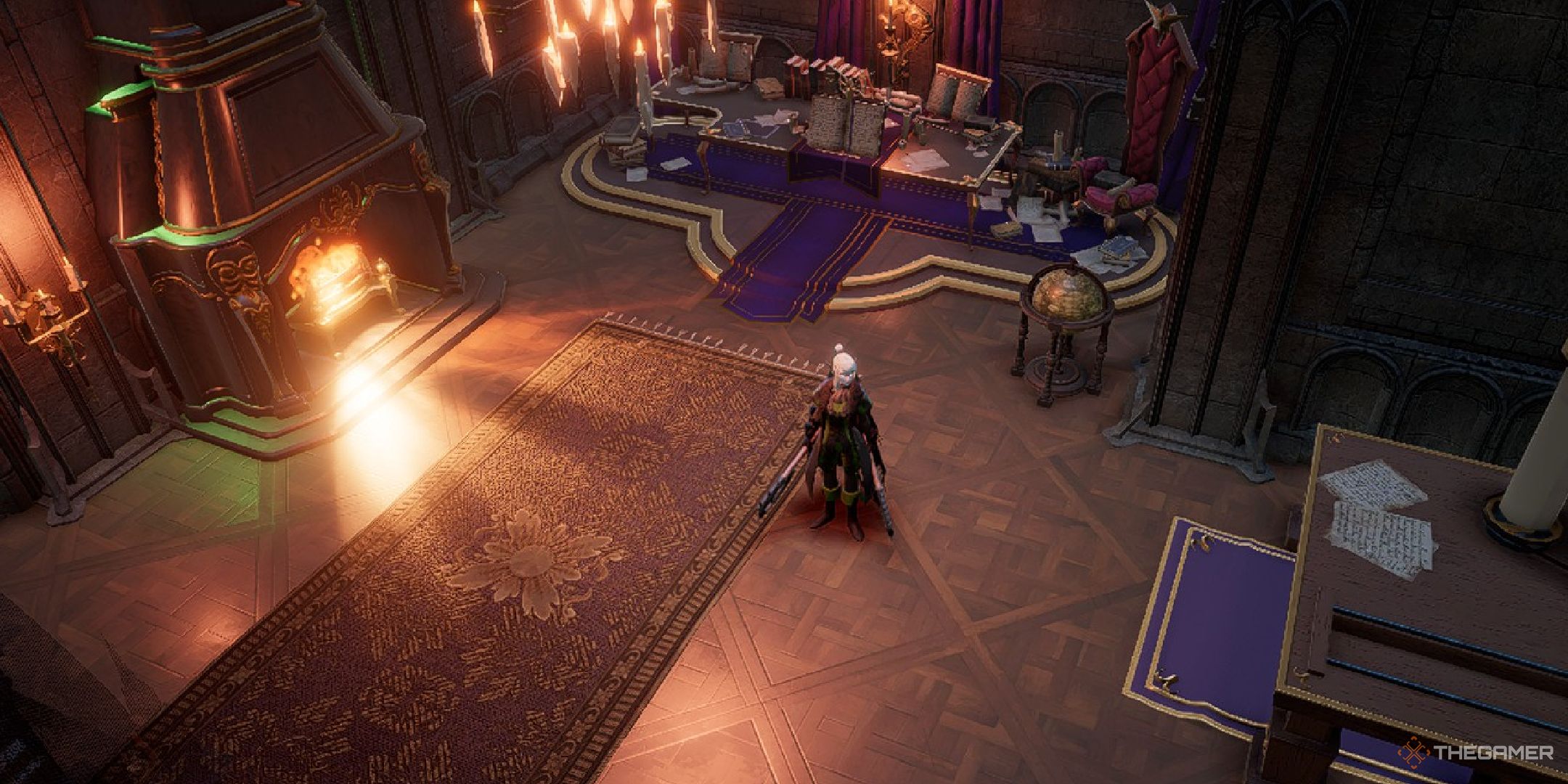 A player standing in library near a fireplace while zoomed out.