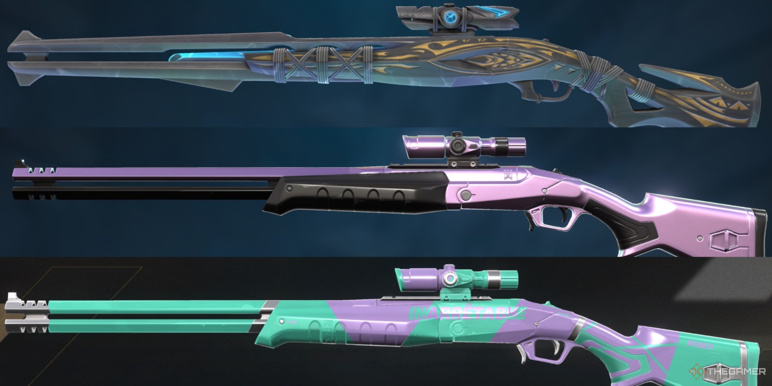 A collage of Outlaw Skins from Valorant featuring the Holomoku, Prism//Reloaded, and Ego Variants!