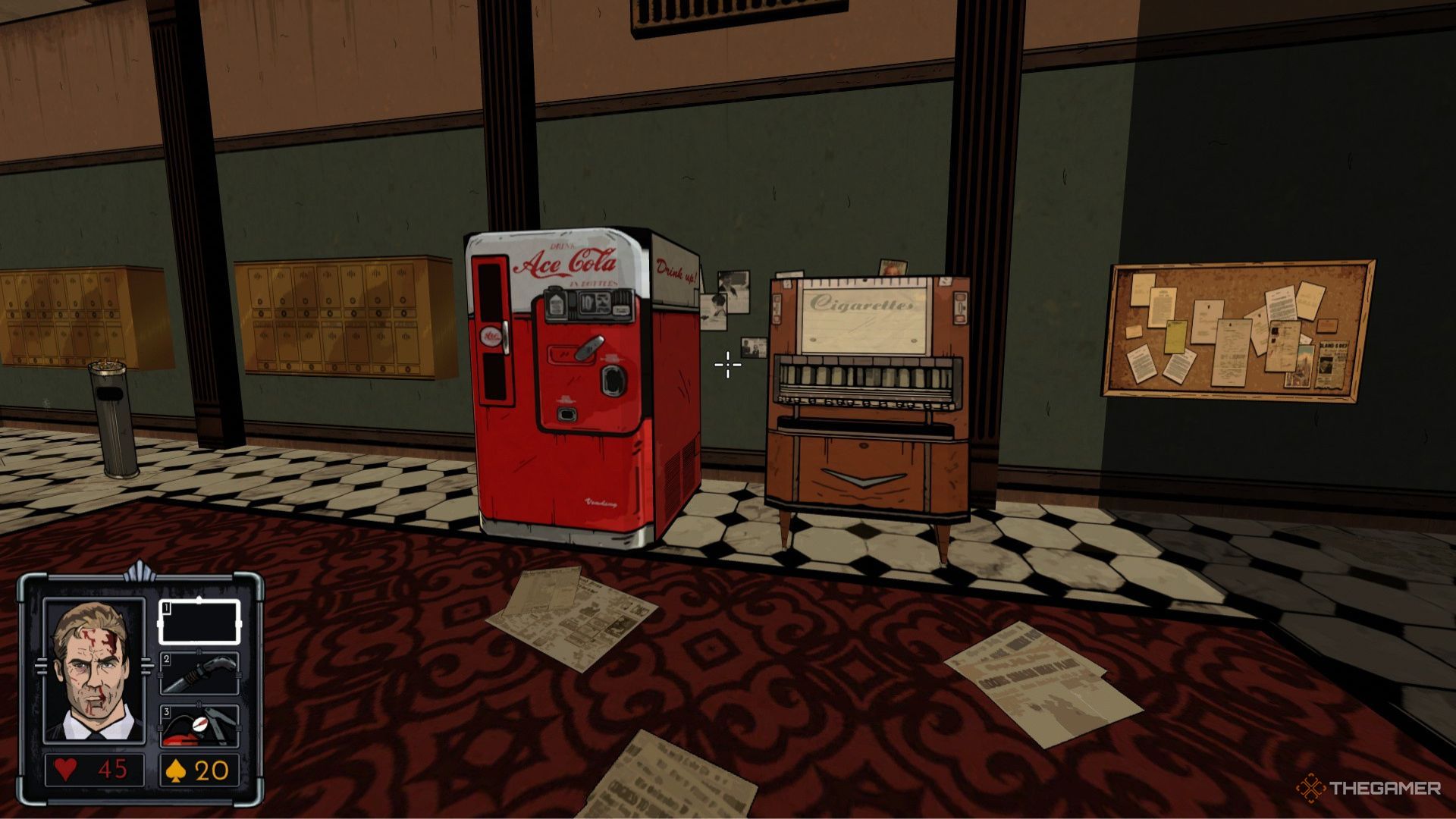 A soda machine and cigarette machine near the entrance to Michael&rsquo;s apartment complex in Fallen Aces.