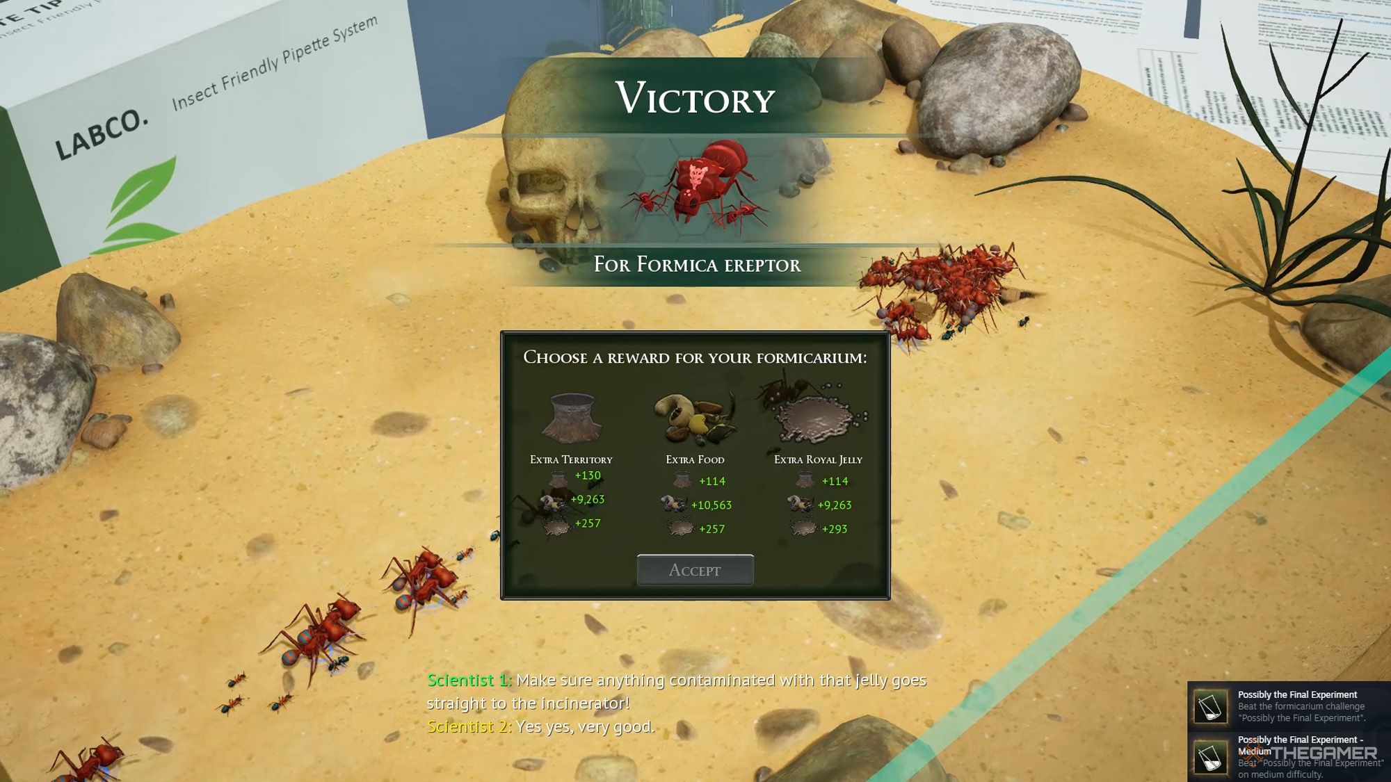 Victory Reward screen appears after Third Formicarium Challenge in Empires of the Undergrowth