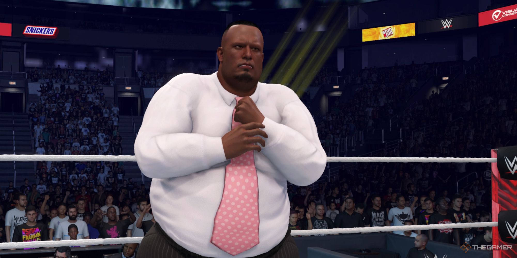 A heavyweight black man wearing a button up shirt and tie in a wrestling ring in WWE 2K24