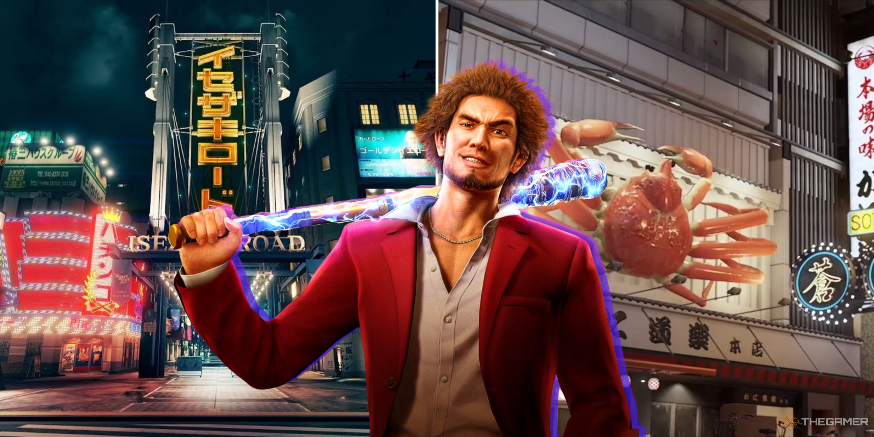 Yakuza Like A Dragon main character holding a bat on his shoulder with a split image of two restaurants in the city behind him