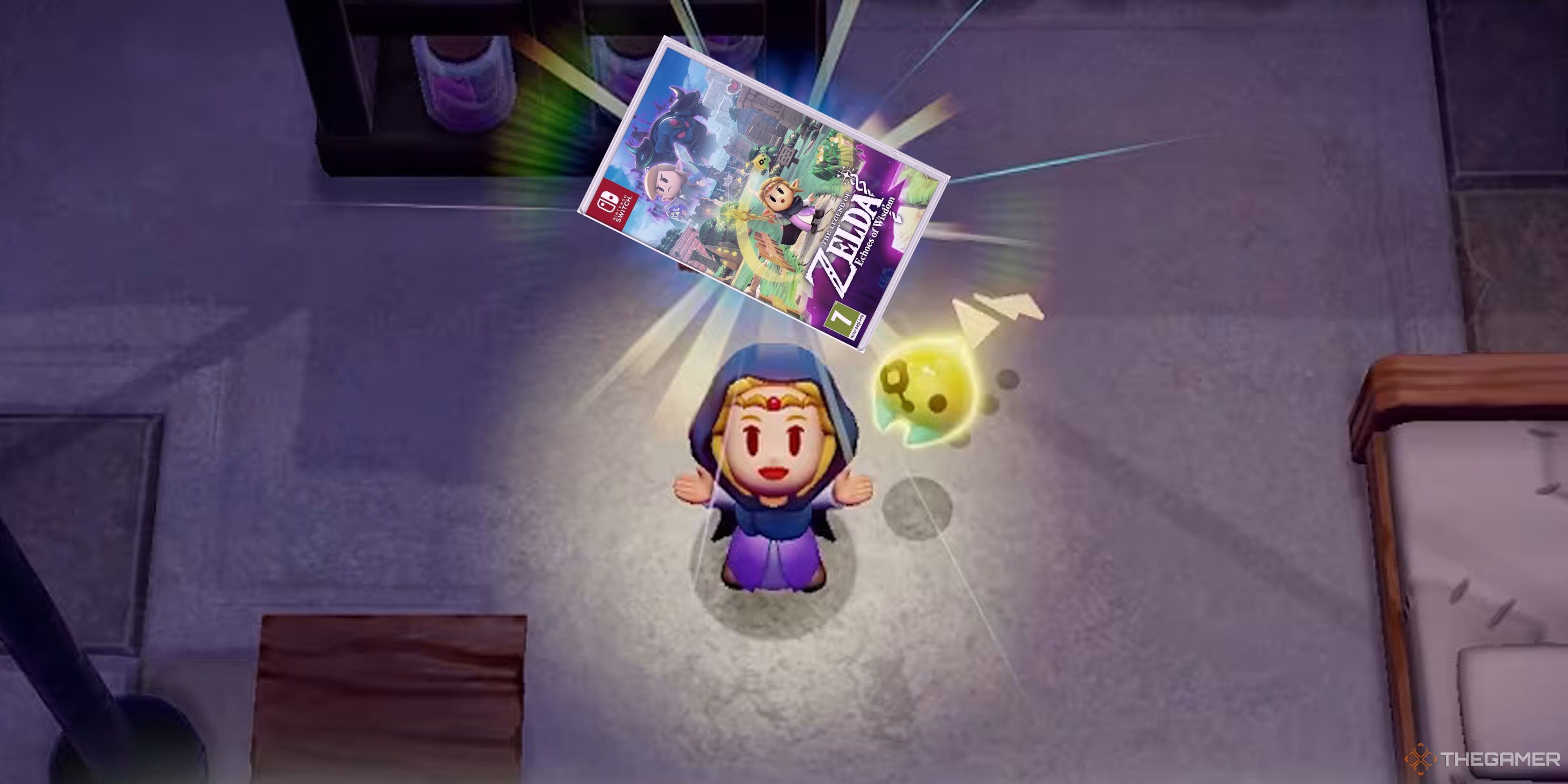 zelda using magic to hold up a copy of echoes of wisdom