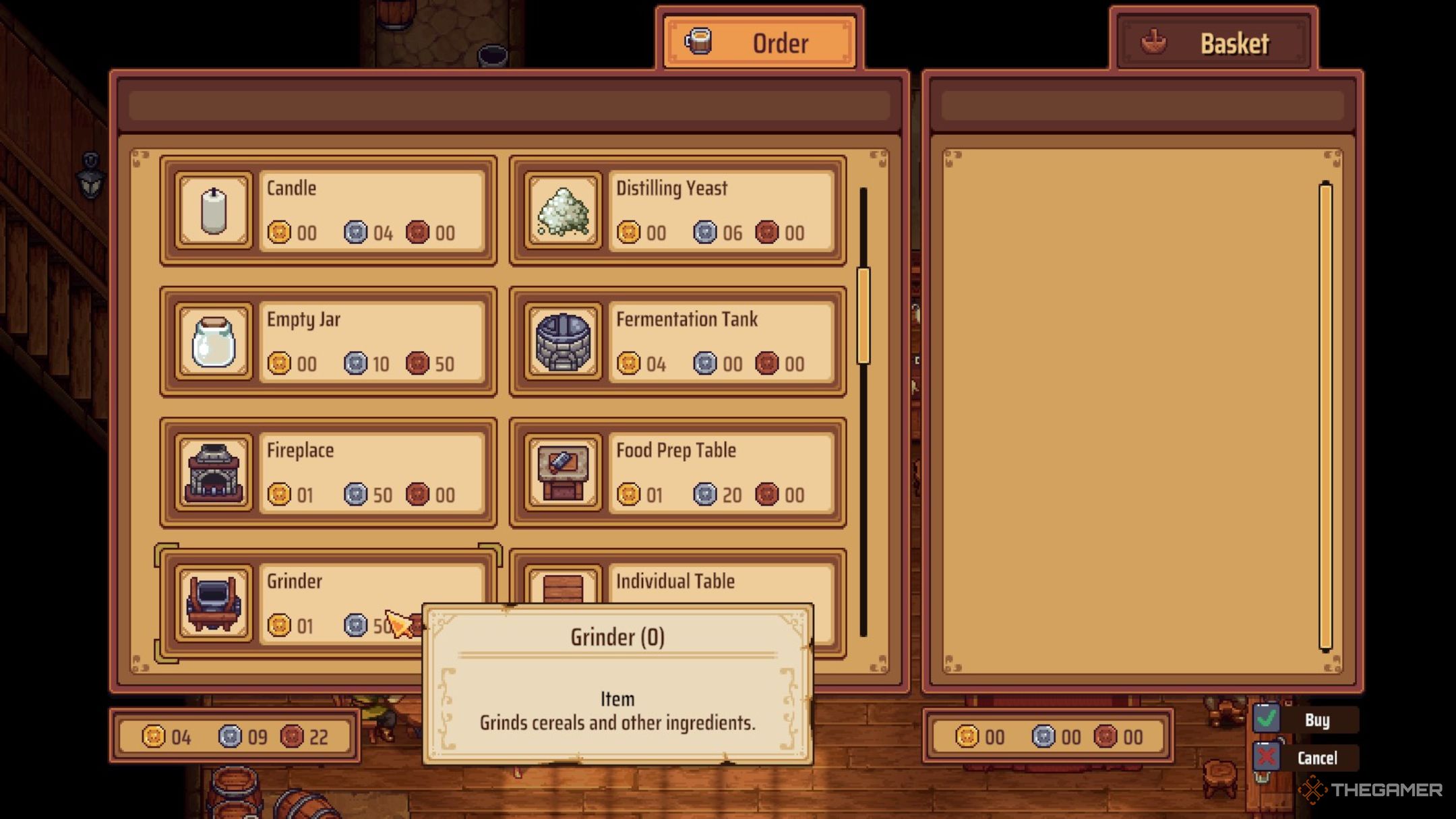 Player character adding a Grinder to their basket at Amon&rsquo;s shop in Travellers Rest.