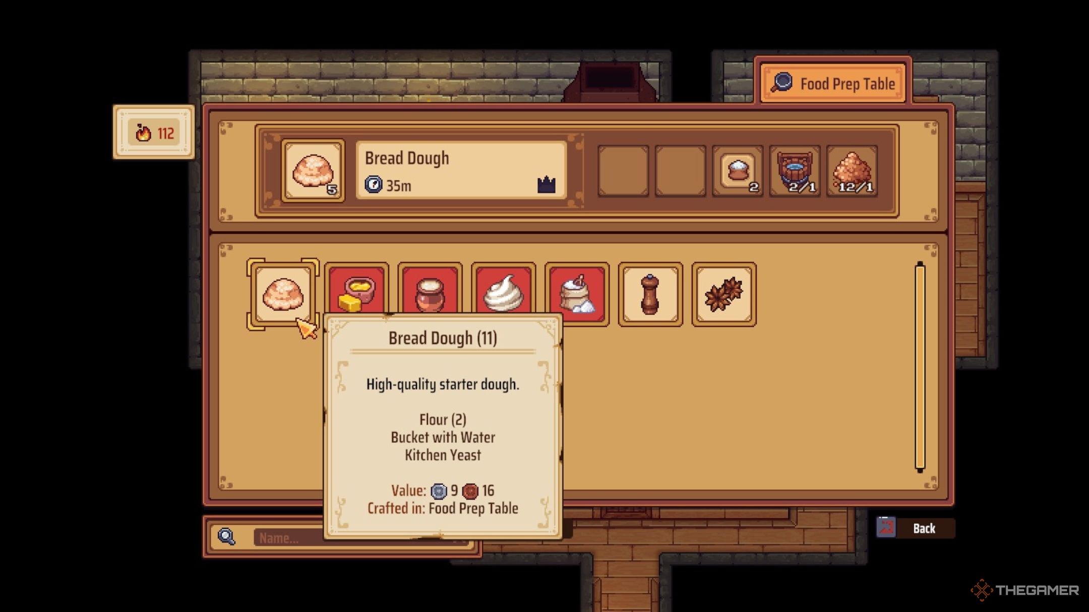 Player character in the Food Prep Table menu and about to make some Bread Dough at it in Travellers Rest.
